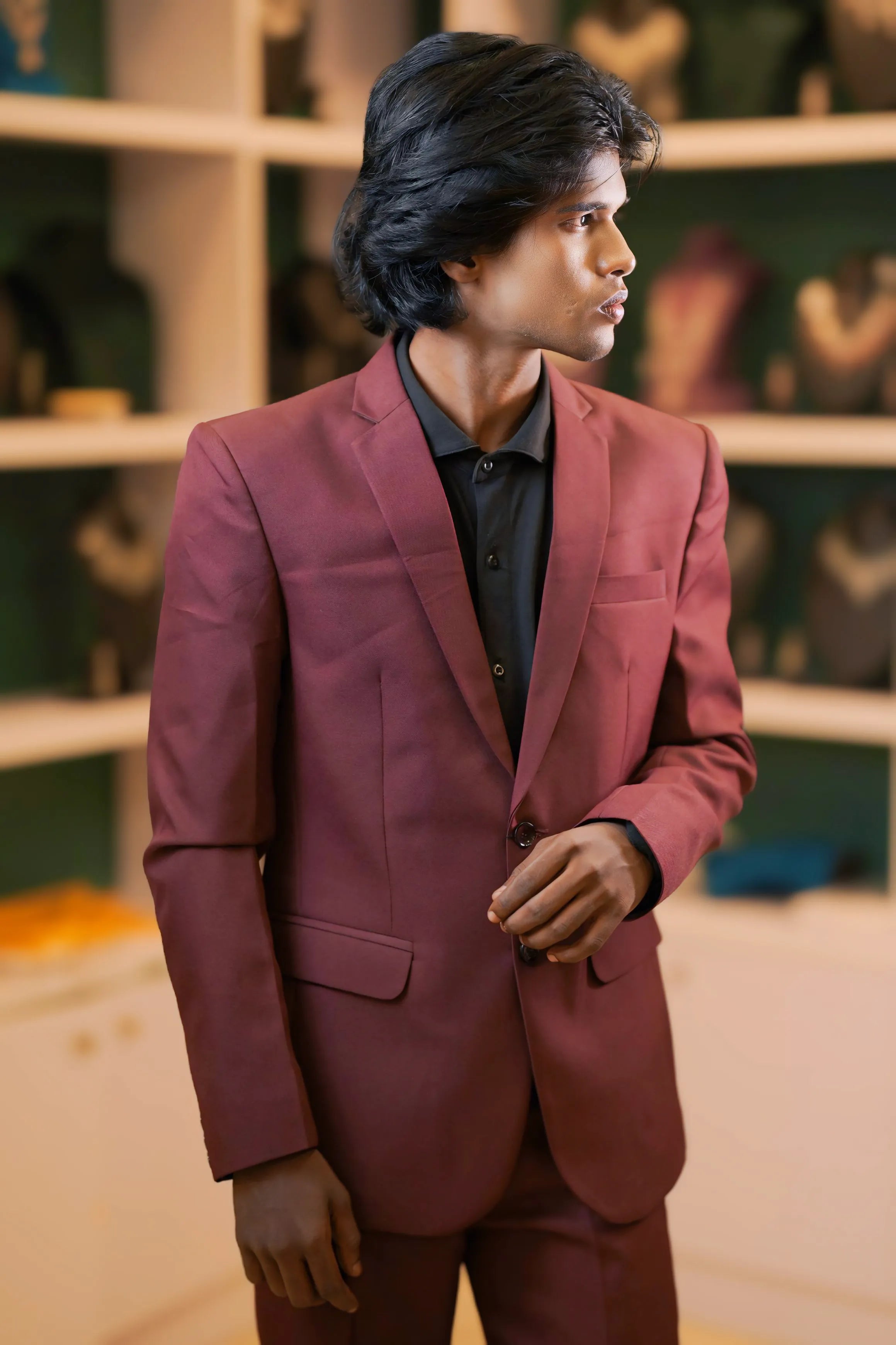 Boy wearing Rust Brown Suit with Black Shirt