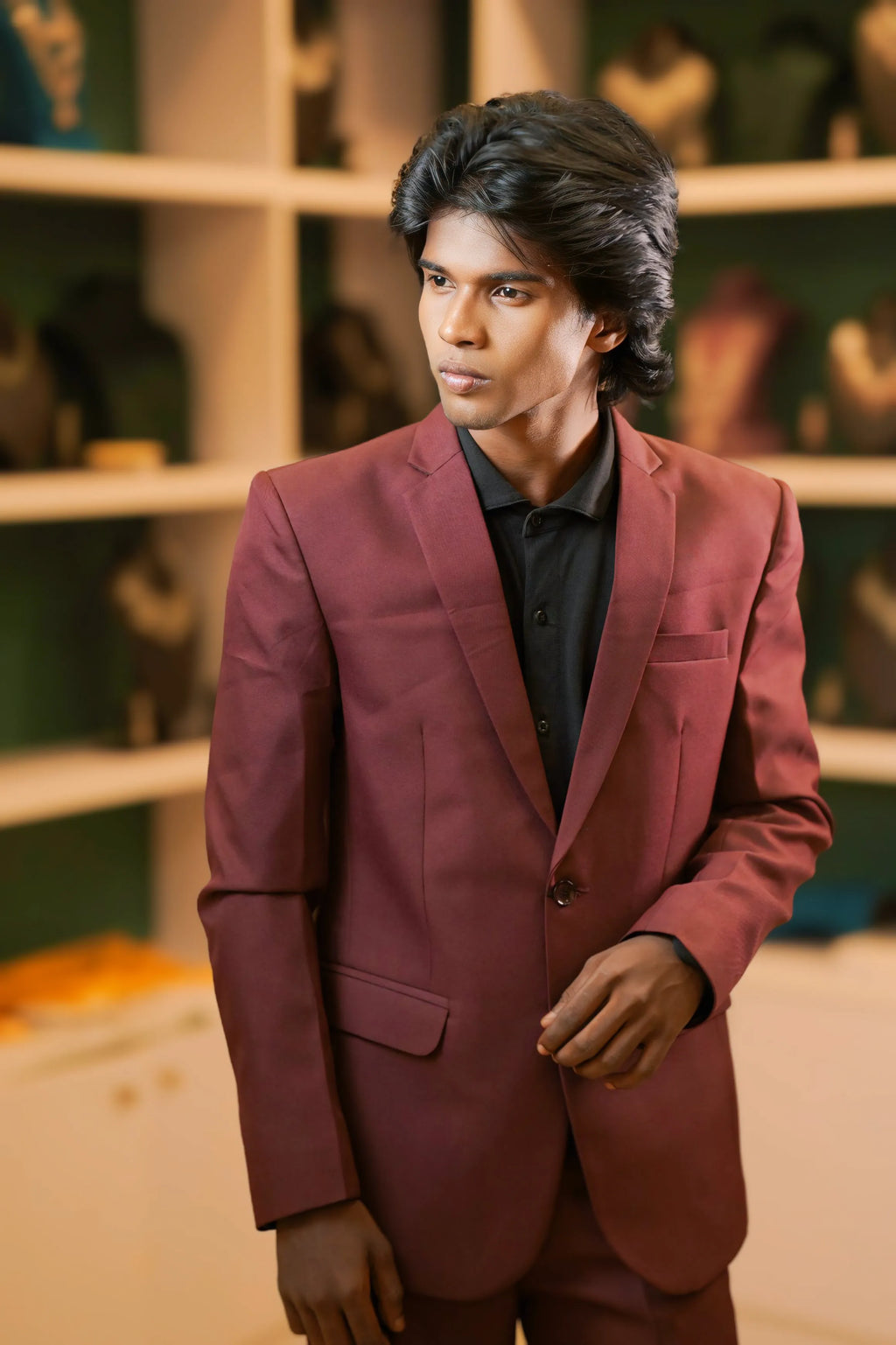 Boy wearing Rust Brown Suit with Black Shirt