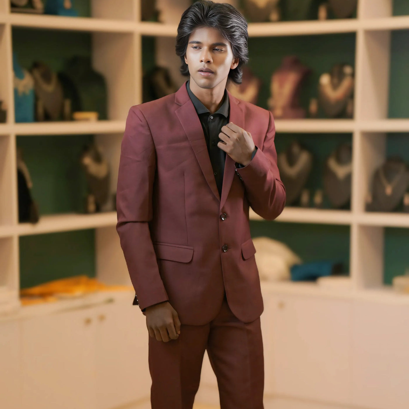 Rust Brown Suit with Black Shirt – Modern Wedding Reception Wear