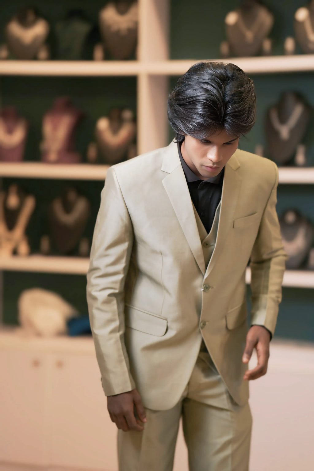 boy wearing Olive Green Suit with Black Shirt for wedding