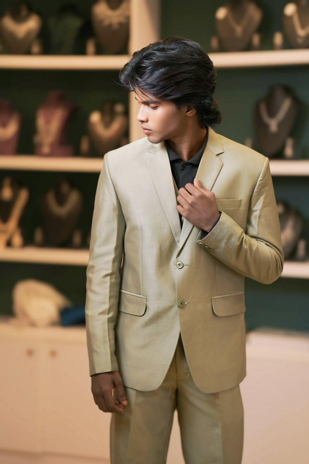 boy wearing Olive Green Suit with Black Shirt for wedding