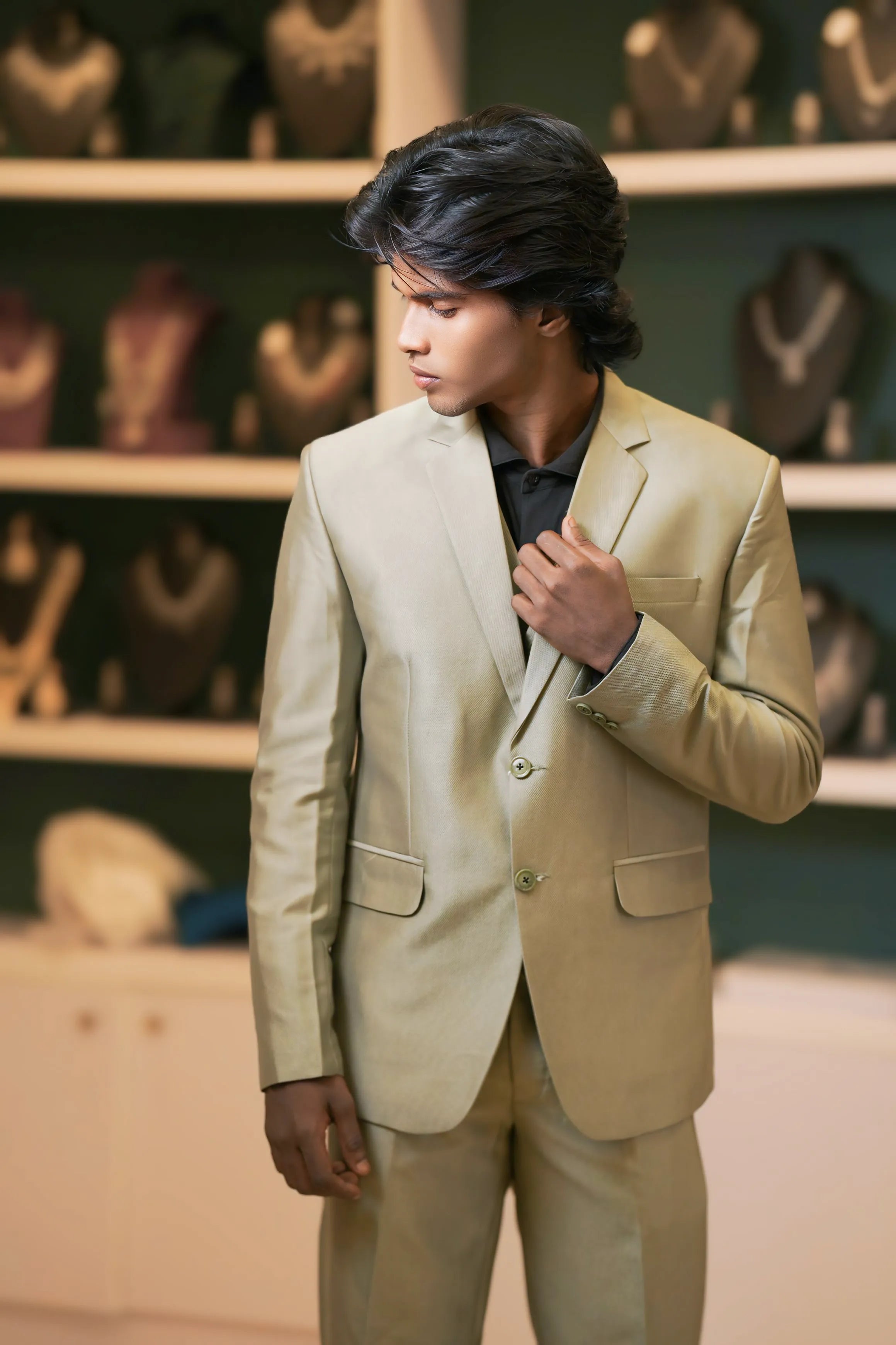 boy wearing Olive Green Suit with Black Shirt for wedding