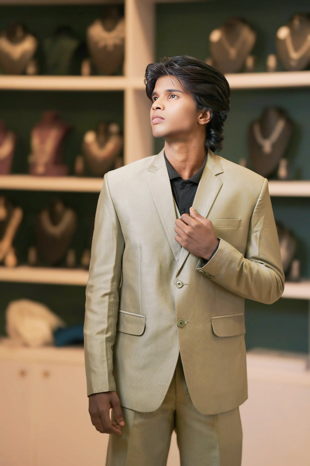 boy wearing Olive Green Suit with Black Shirt for wedding