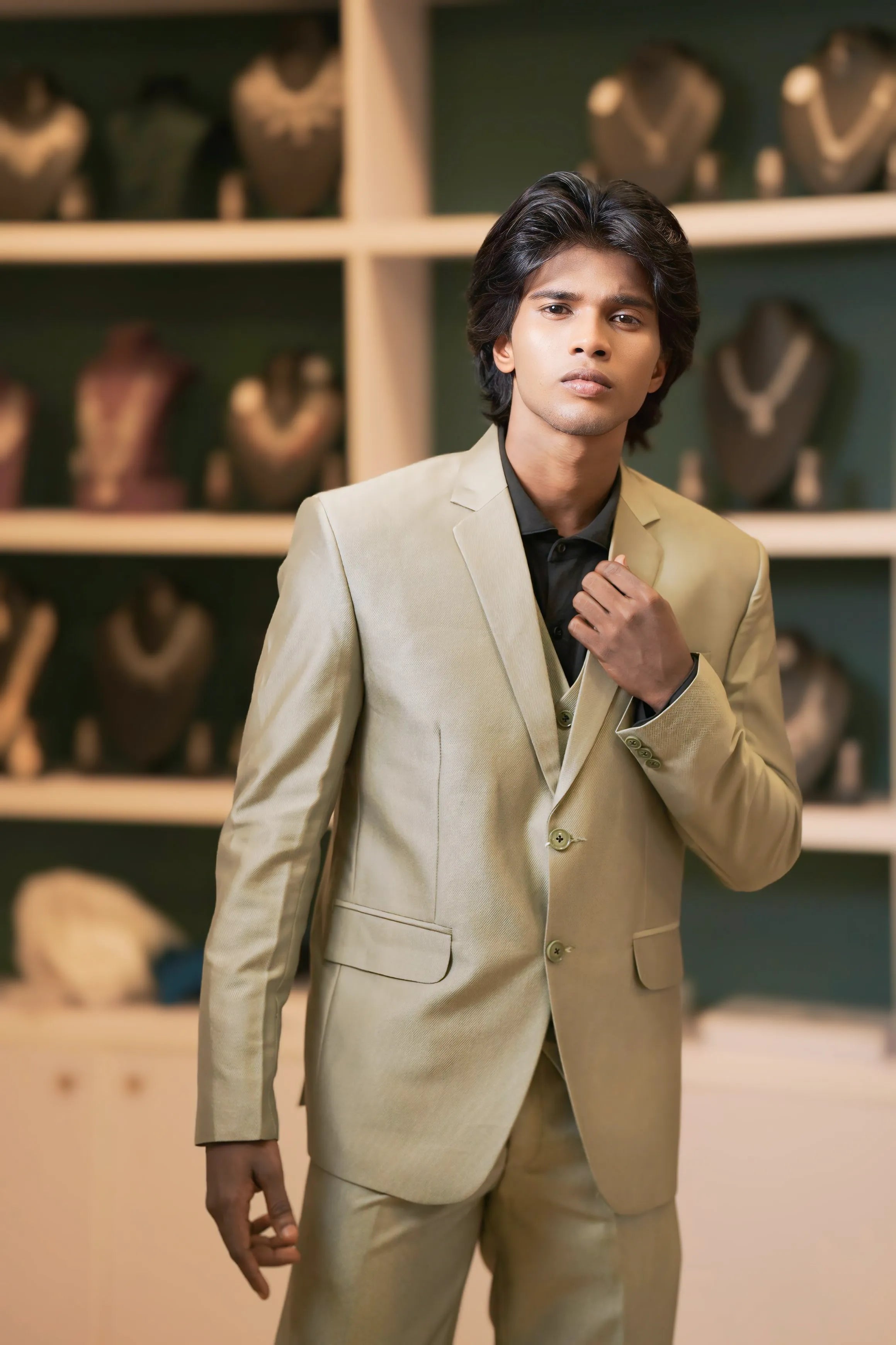 boy wearing Olive Green Suit with Black Shirt for wedding