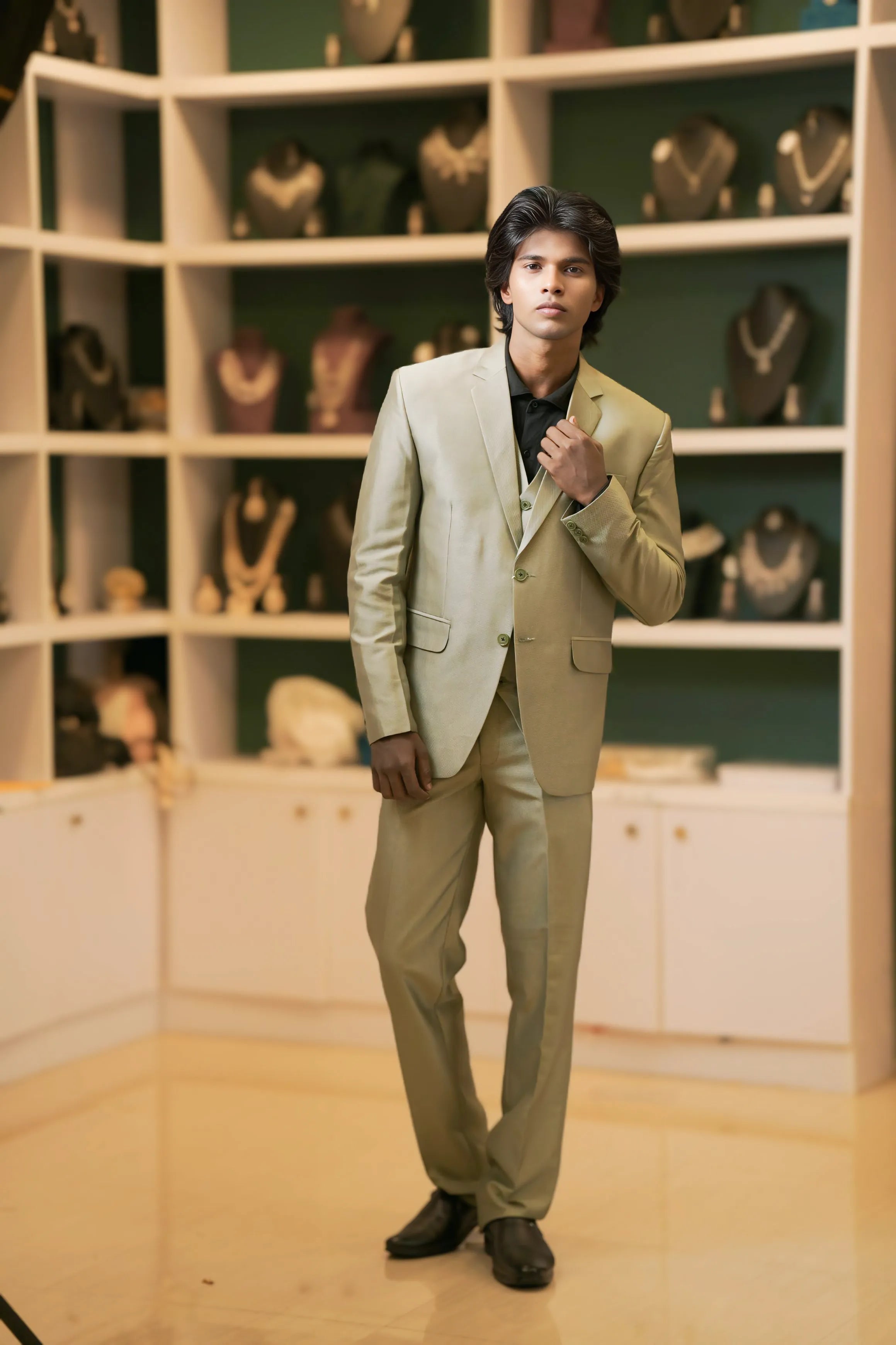 boy wearing Olive Green Suit with Black Shirt for wedding