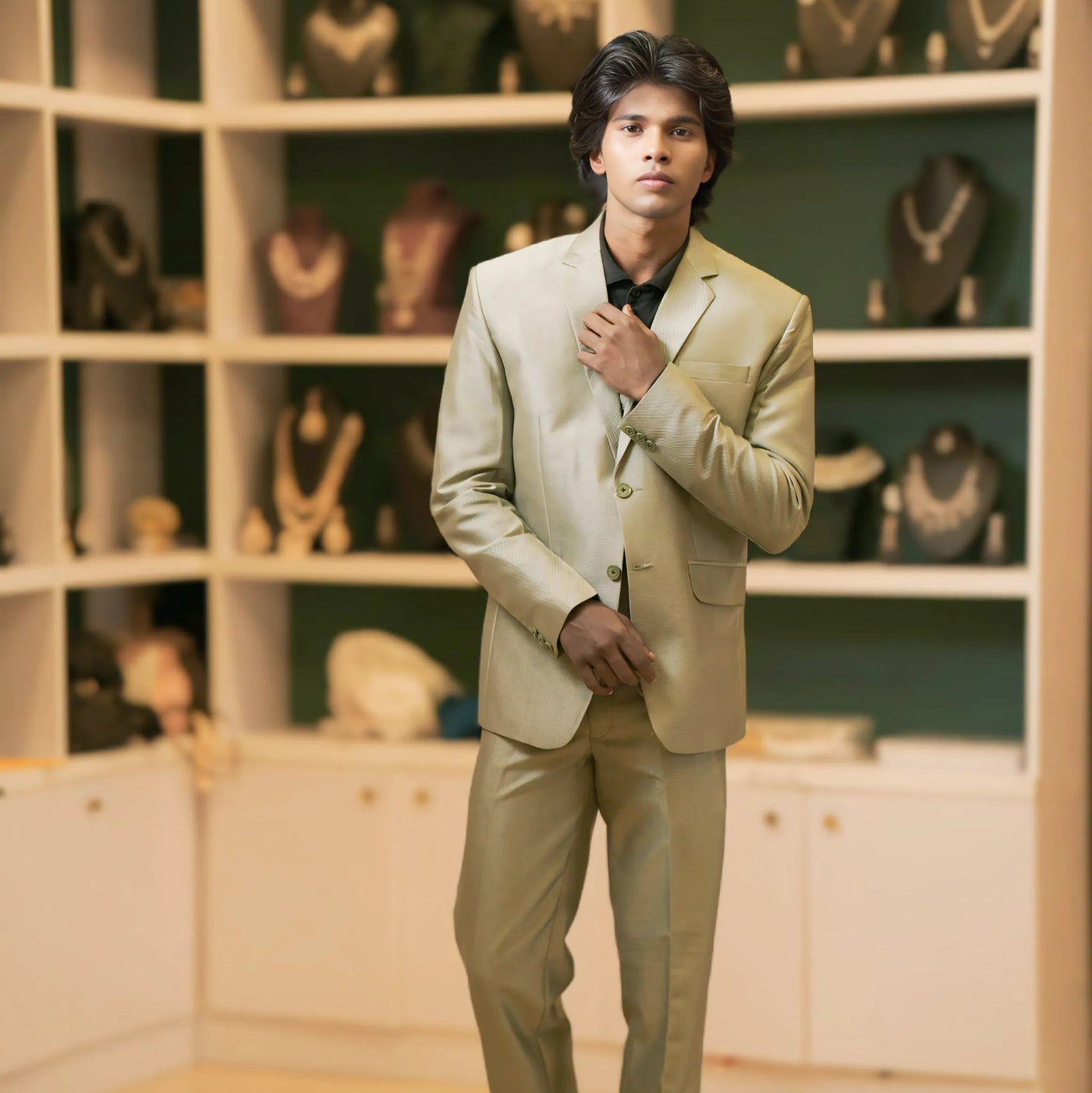 Olive Green Suit with Black Shirt – Modern Groom & Reception Wear