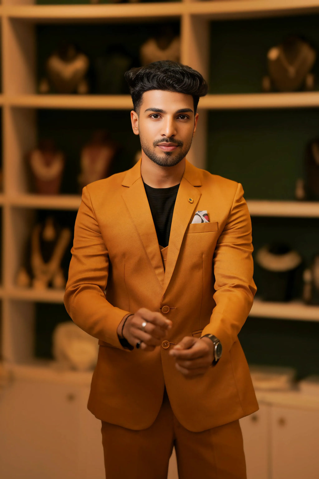 groom wearing Mustard Brown Suit for wedding