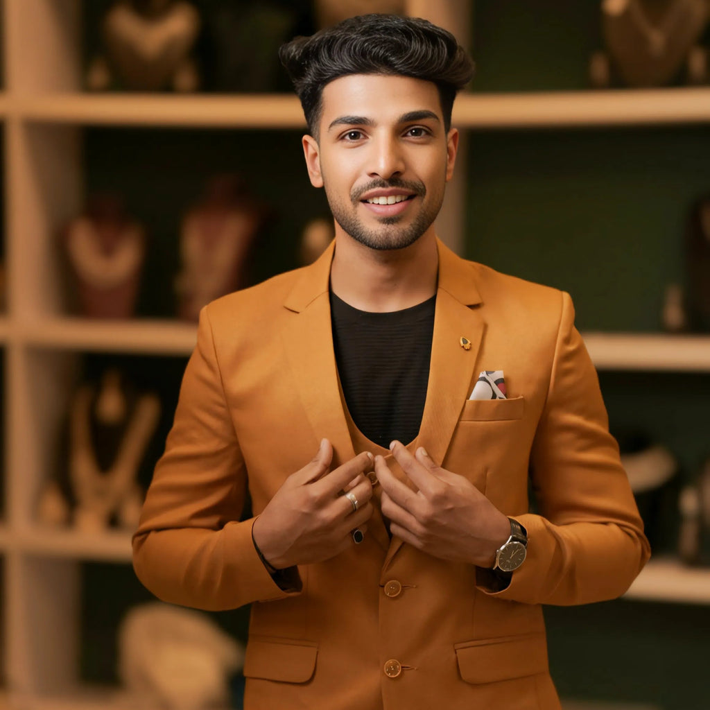 groom wearing Mustard Brown Suit for wedding