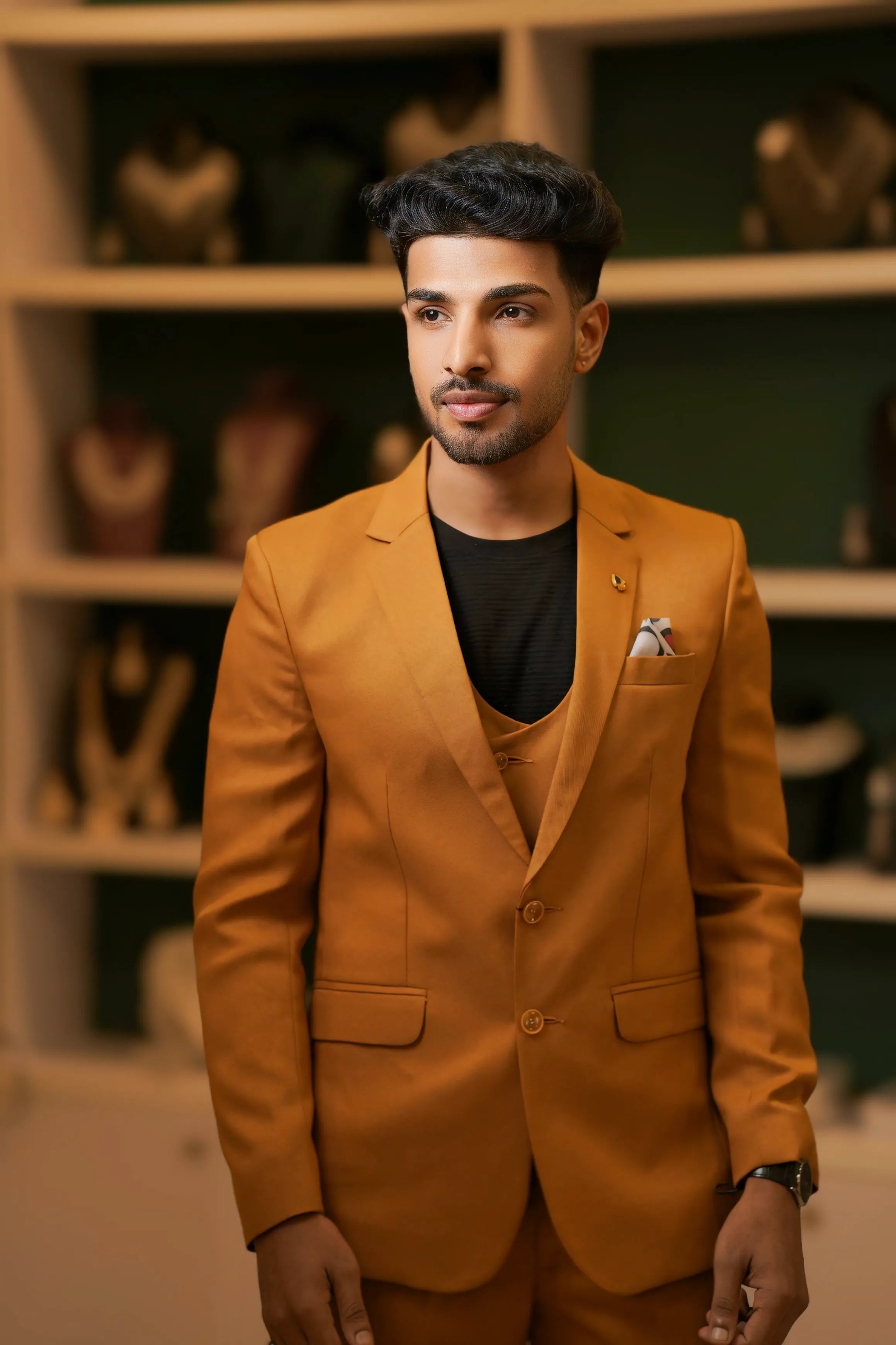 groom wearing Mustard Brown Suit for wedding