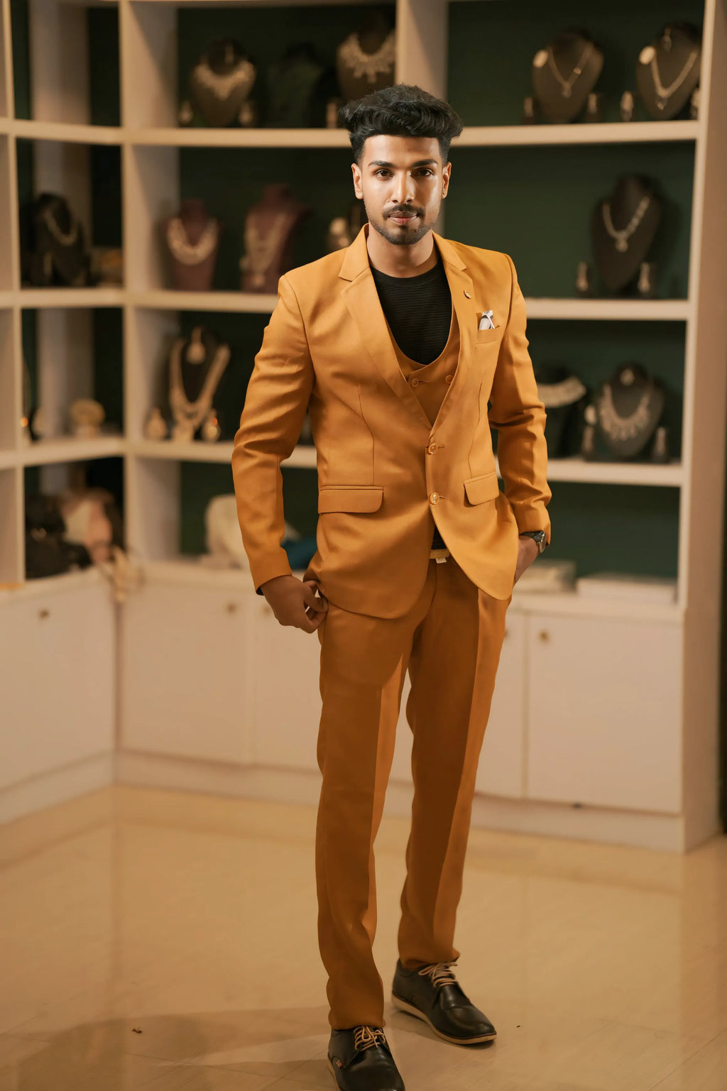 groom wearing Mustard Brown Suit for wedding