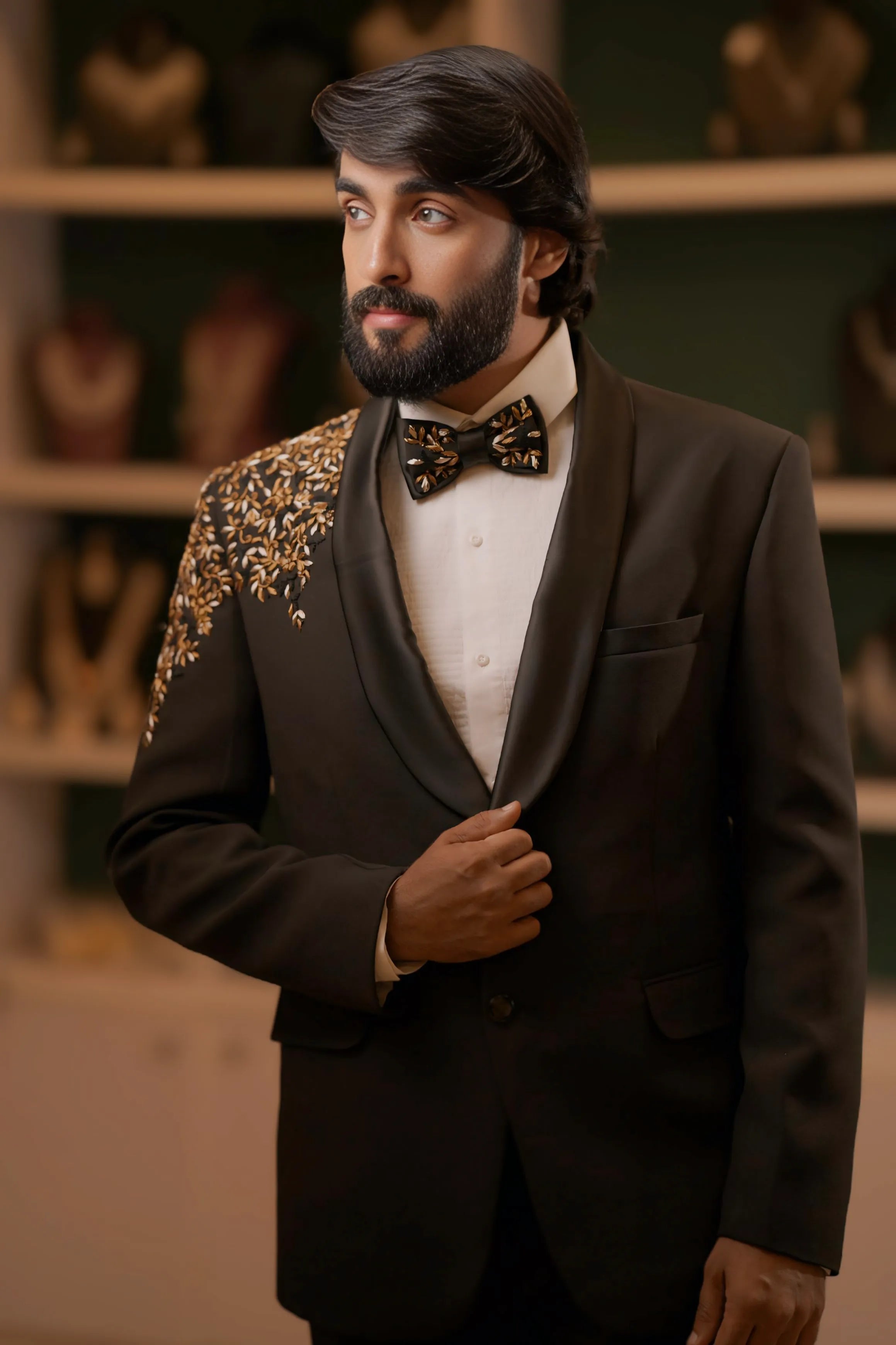 groom wearing Black Tuxedo for wedding