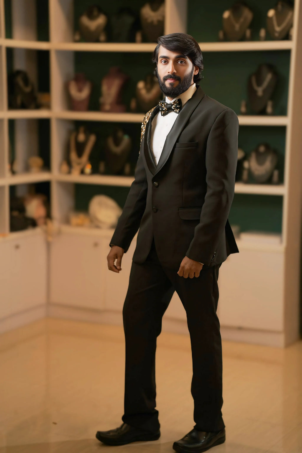 groom wearing Black Tuxedo for wedding