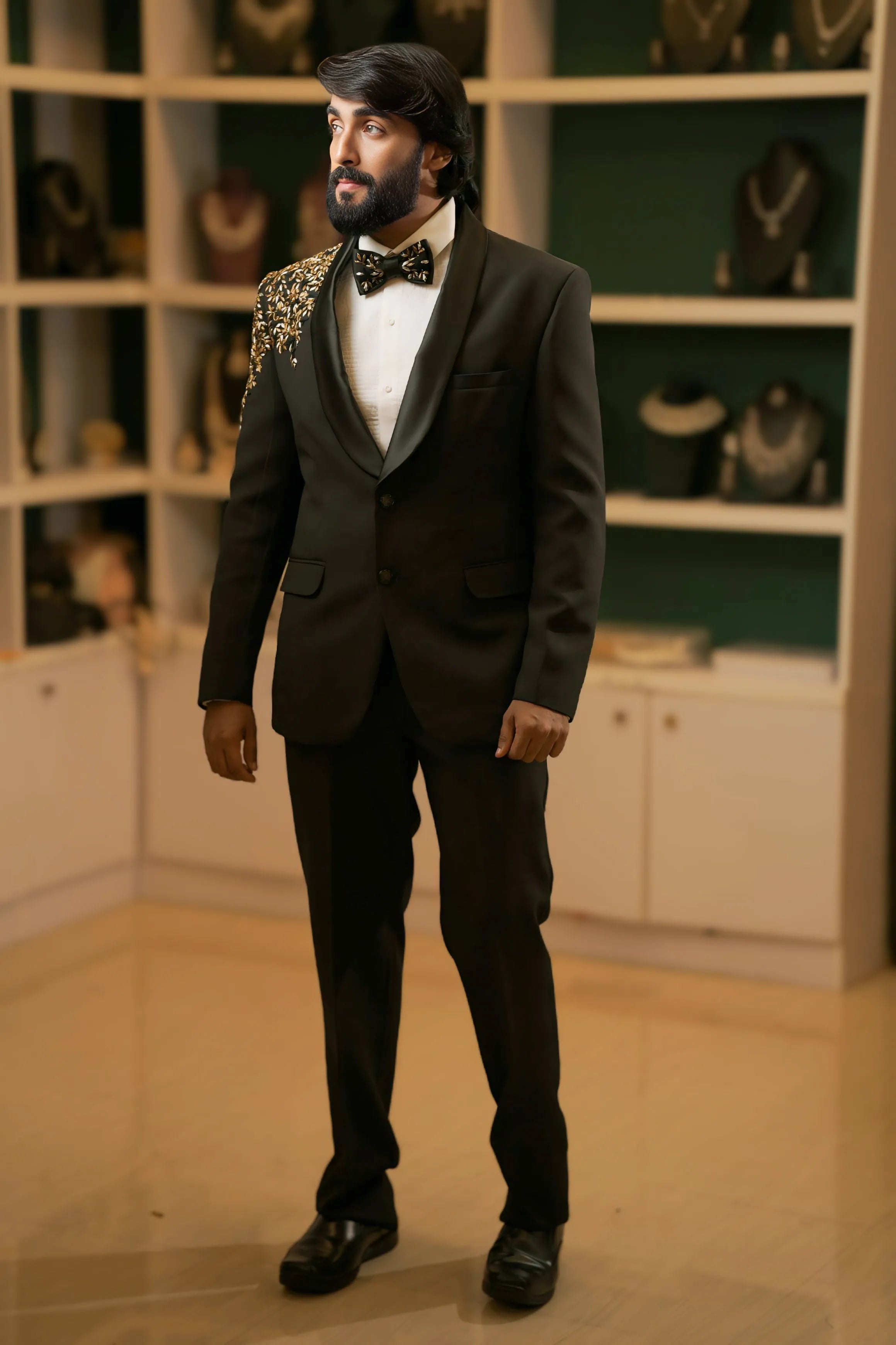 groom wearing Black Tuxedo for wedding