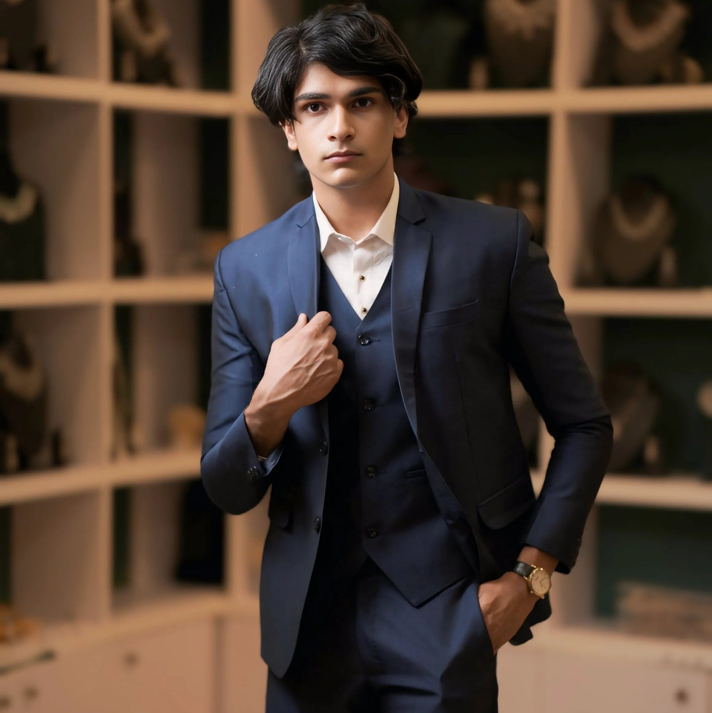 boy wearing Navy Blue Three-Piece Suit for wedding