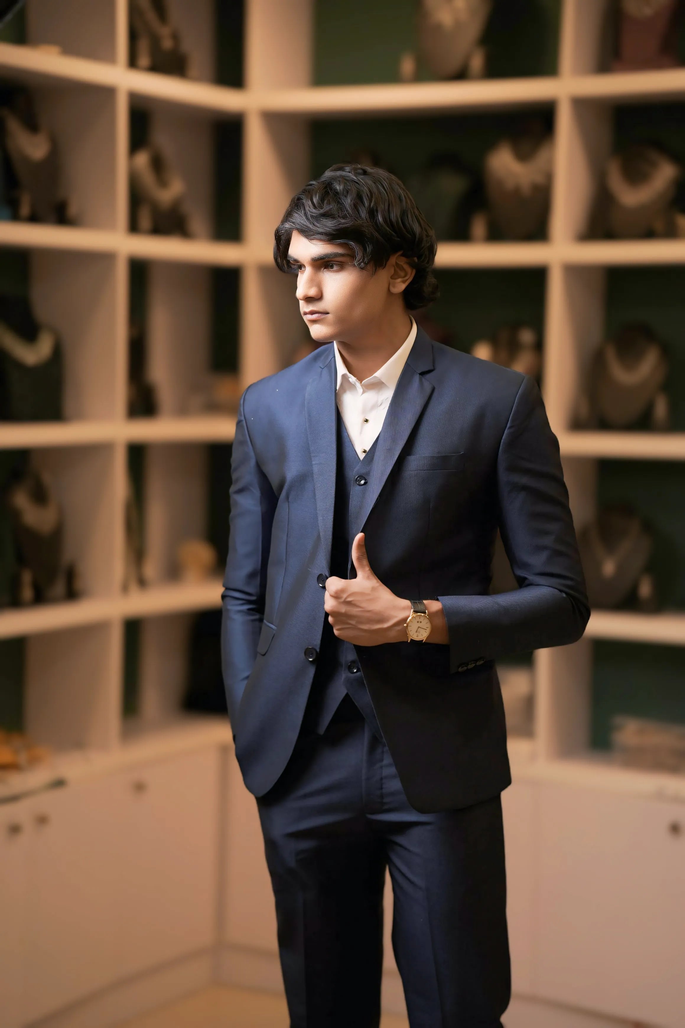 boy wearing Navy Blue Three-Piece Suit for wedding