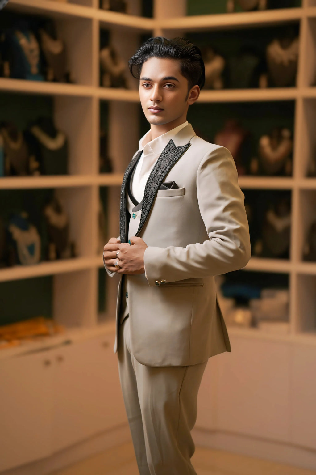 Boy wearing Cream Tuxedo Suit for party