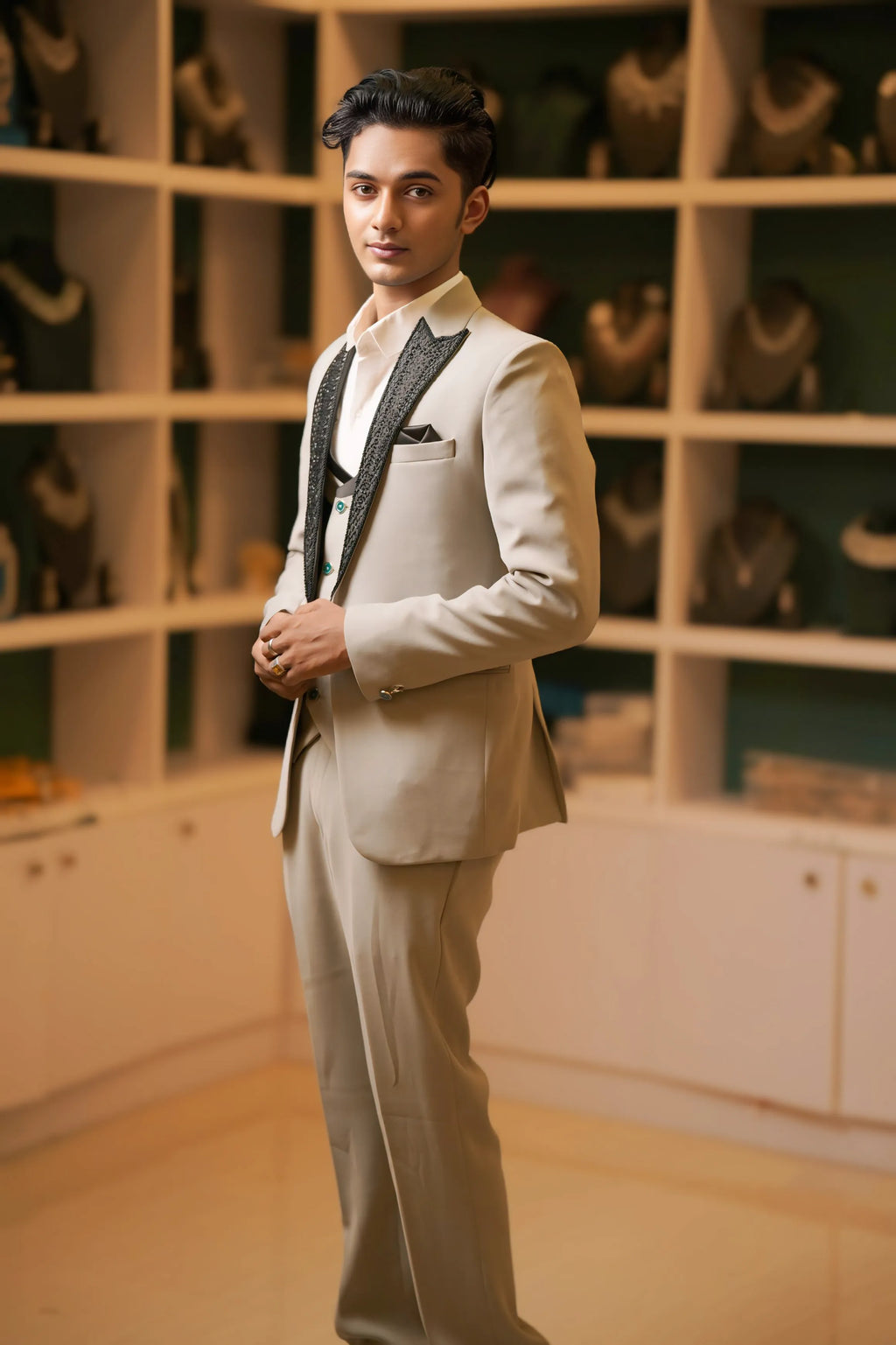 Boy wearing Cream Tuxedo Suit for party