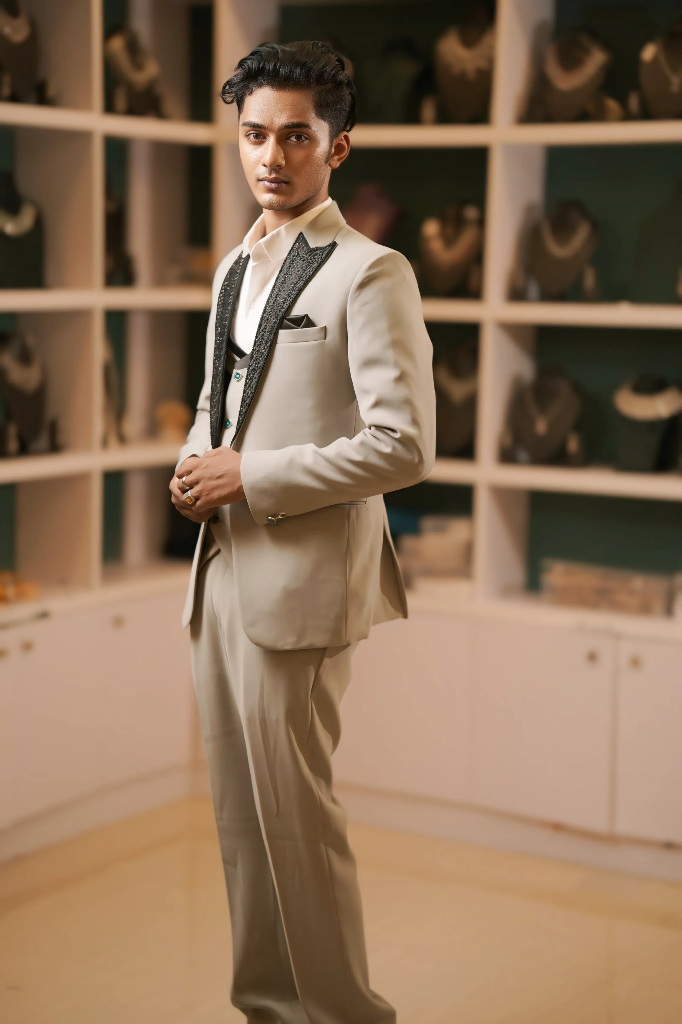 Boy wearing Cream Tuxedo Suit for party