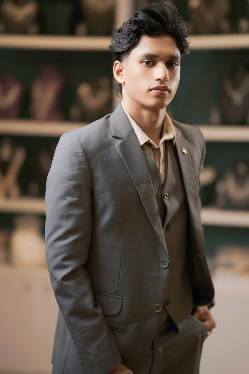 Boy wearing Grey Three-Piece Suit for party