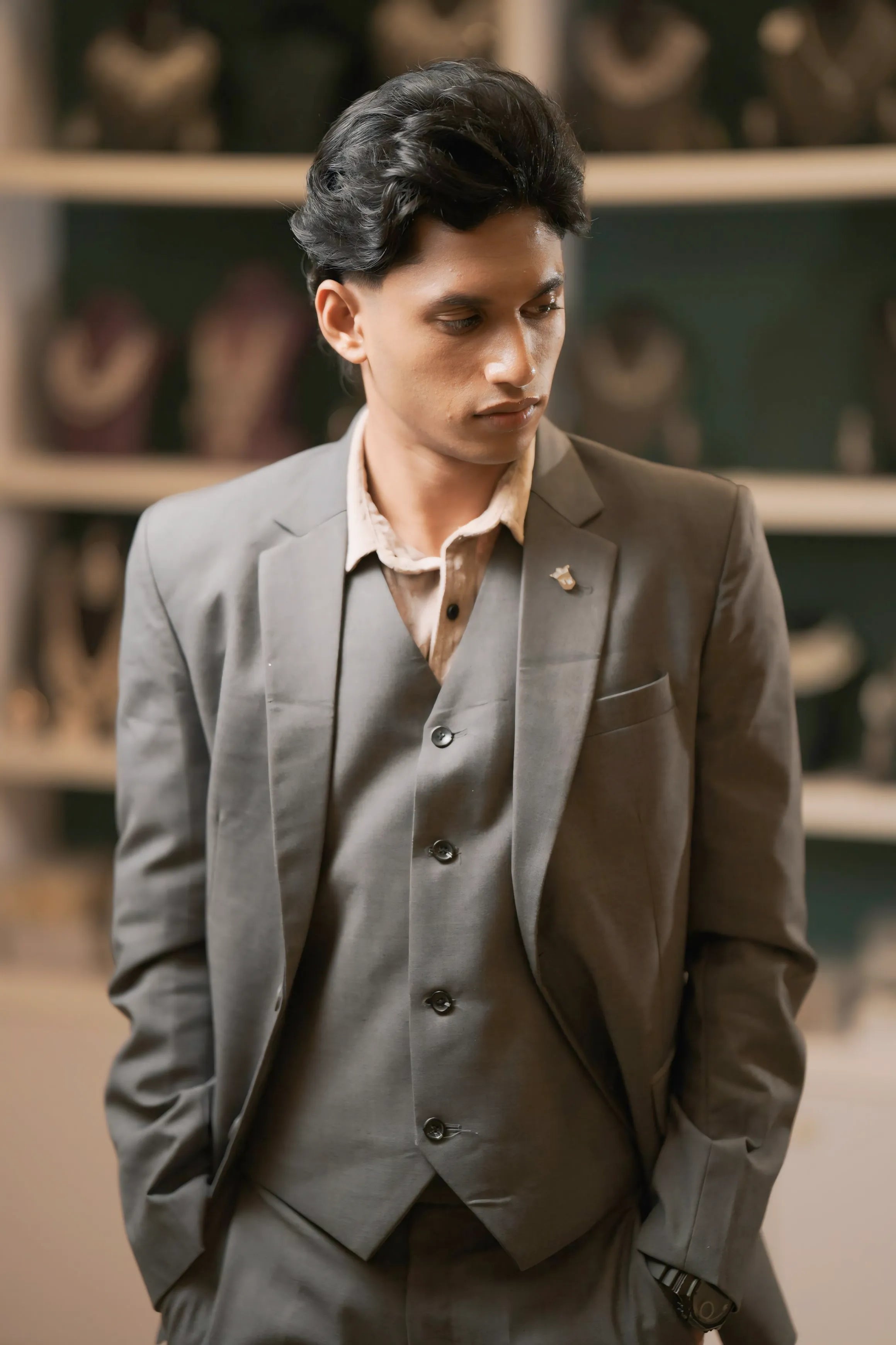 Boy wearing Grey Three-Piece Suit for party