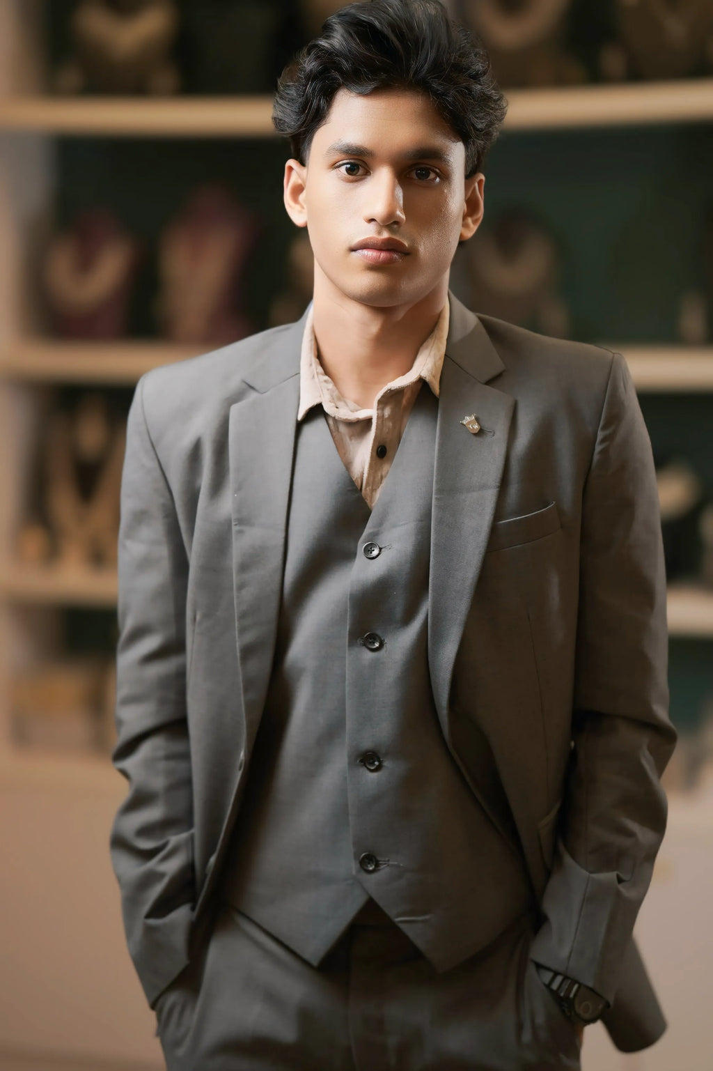 Boy wearing Grey Three-Piece Suit for party