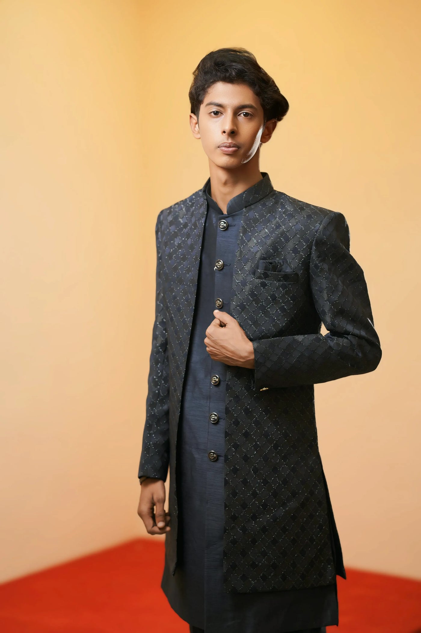 Navy Blue Textured Indo-Western Sherwani