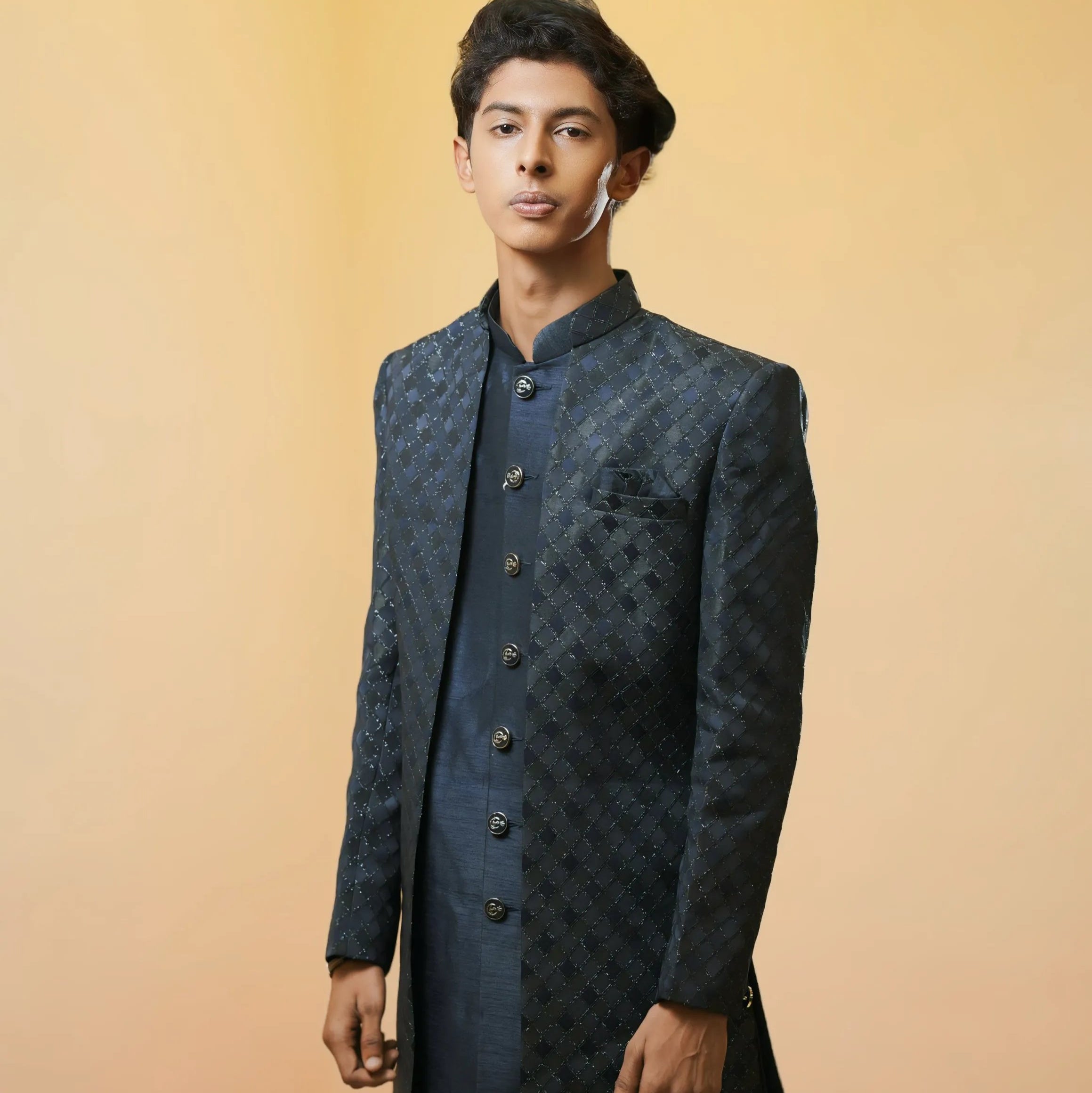 Navy Blue Textured Indo-Western Sherwani