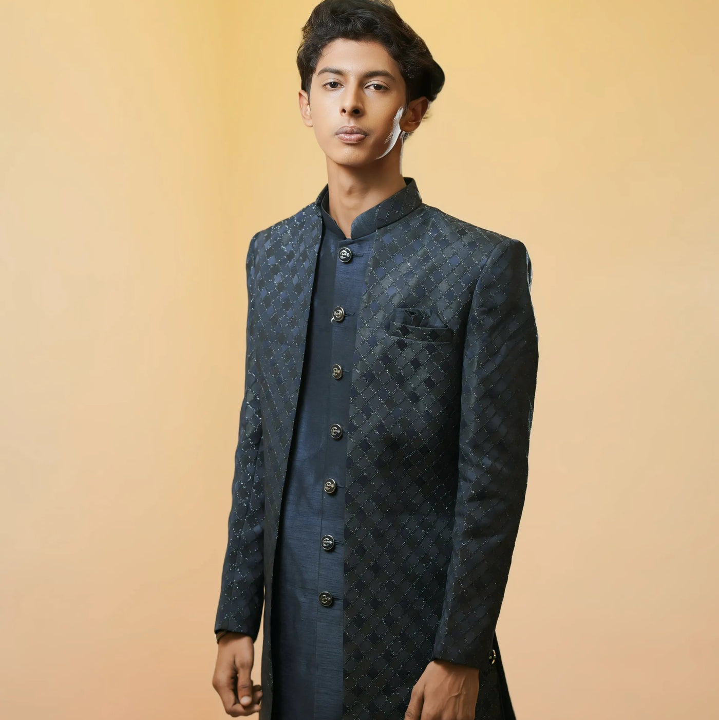 Navy Blue Textured Indo-Western Sherwani