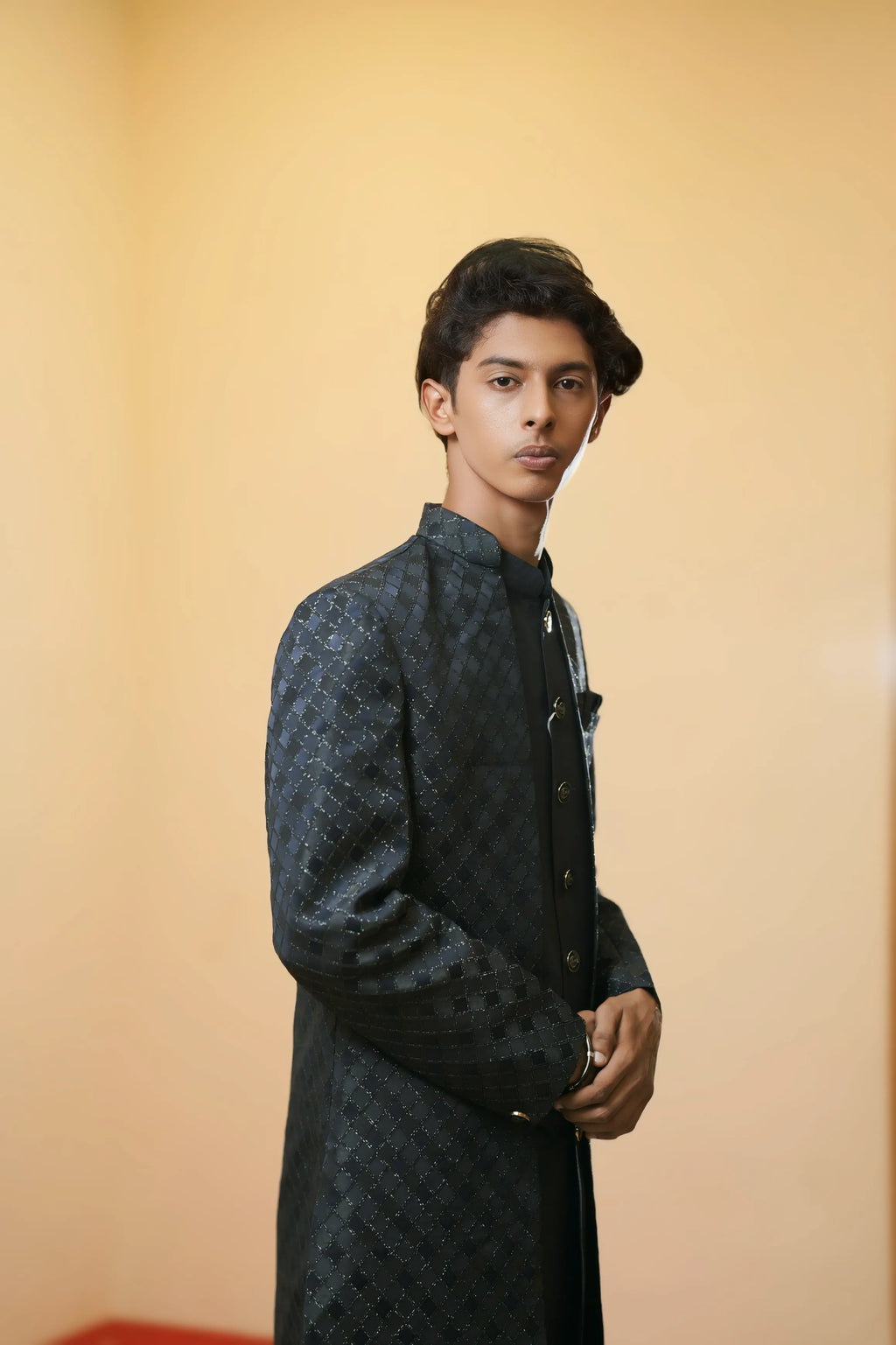 Navy Blue Textured Indo-Western Sherwani