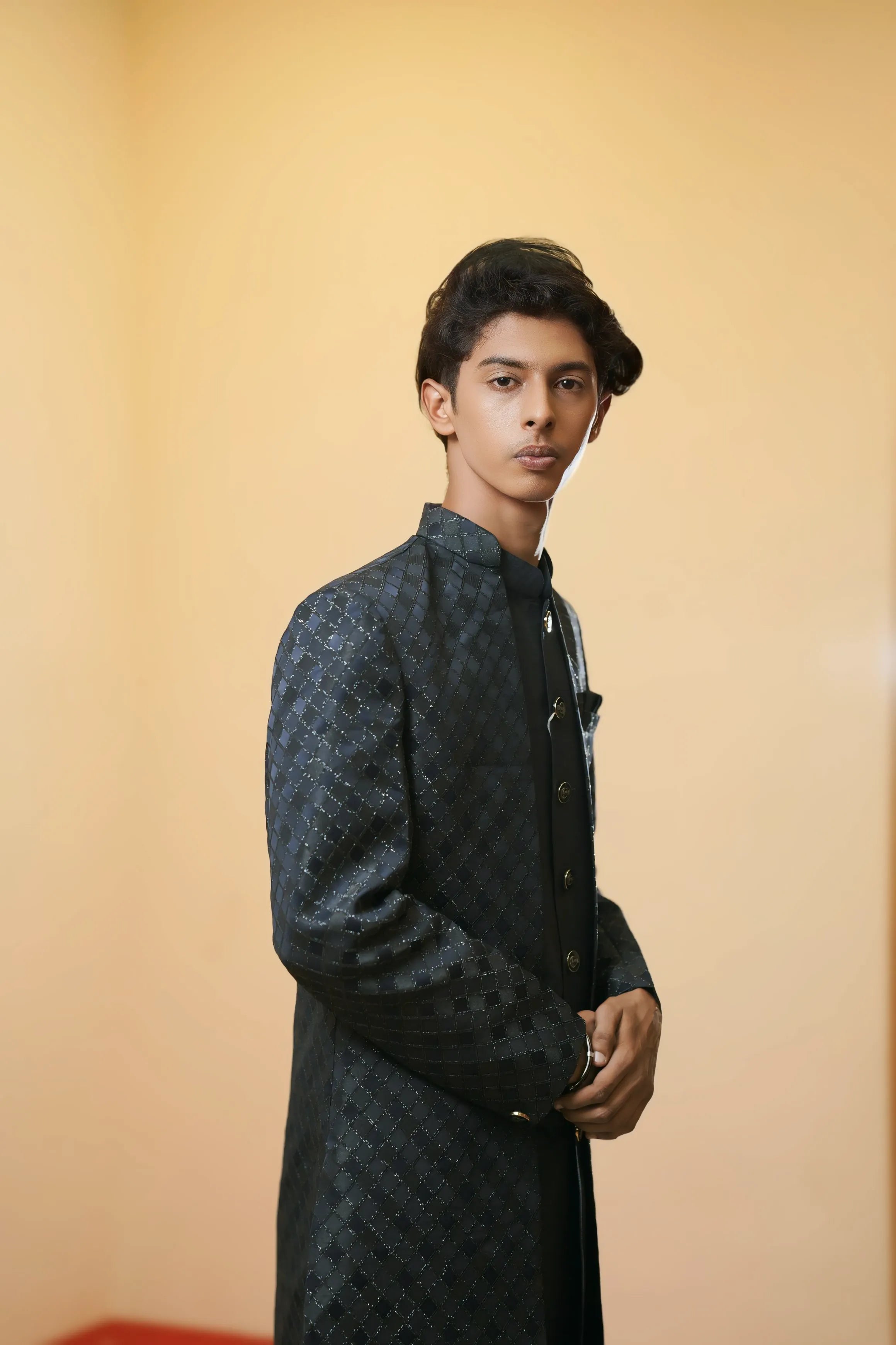 Navy Blue Textured Indo-Western Sherwani