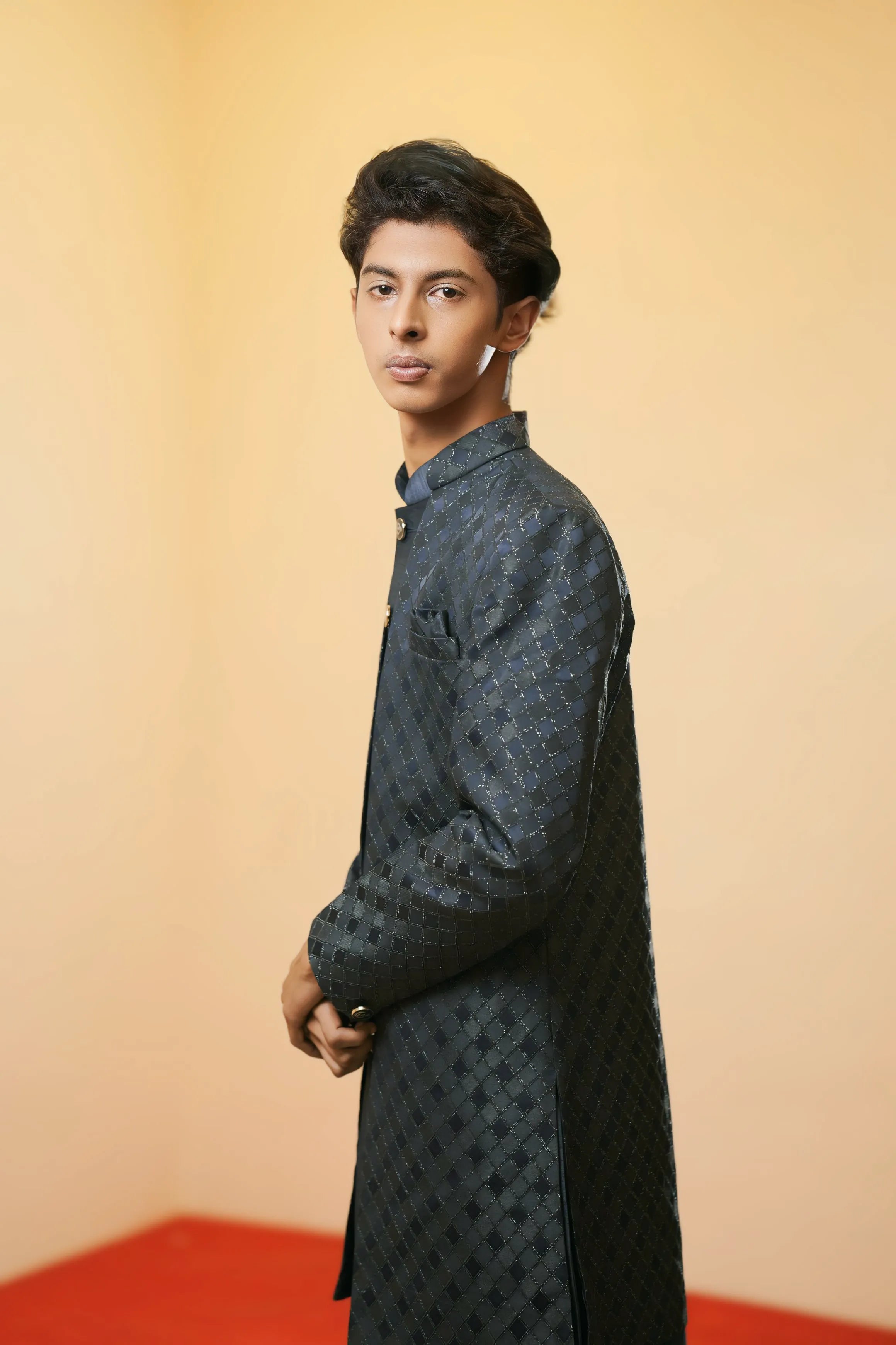 Navy Blue Textured Indo-Western Sherwani