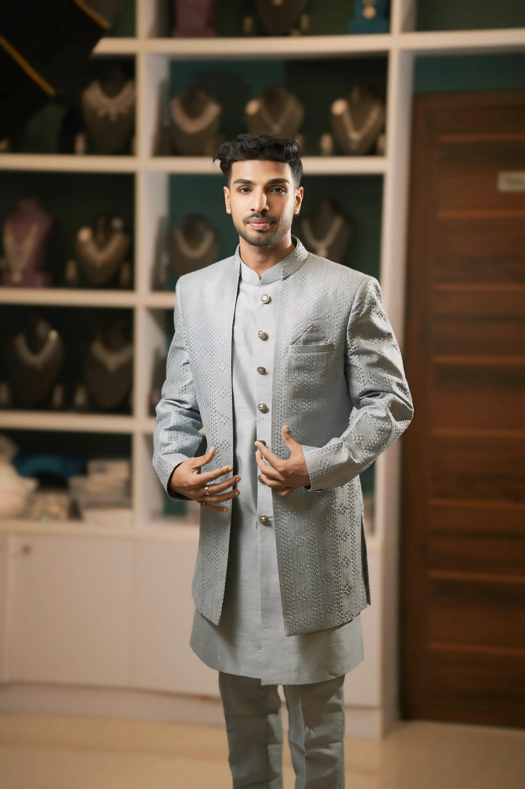 Pastel Blue Textured Sherwani