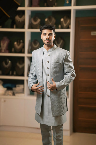 Pastel Blue Textured Sherwani