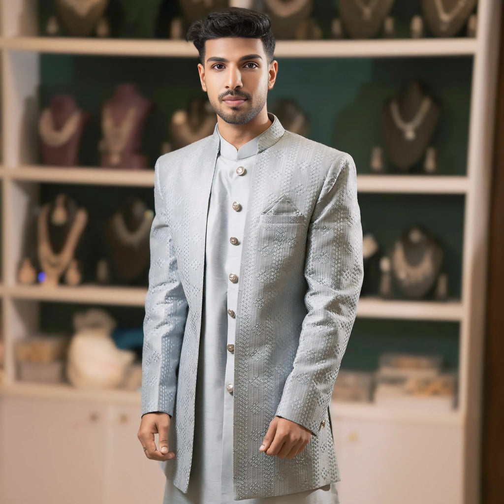 Pastel Blue Textured Sherwani