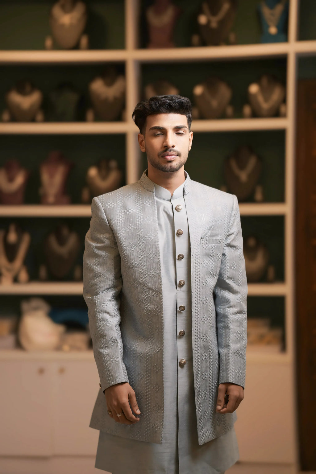 Pastel Blue Textured Sherwani