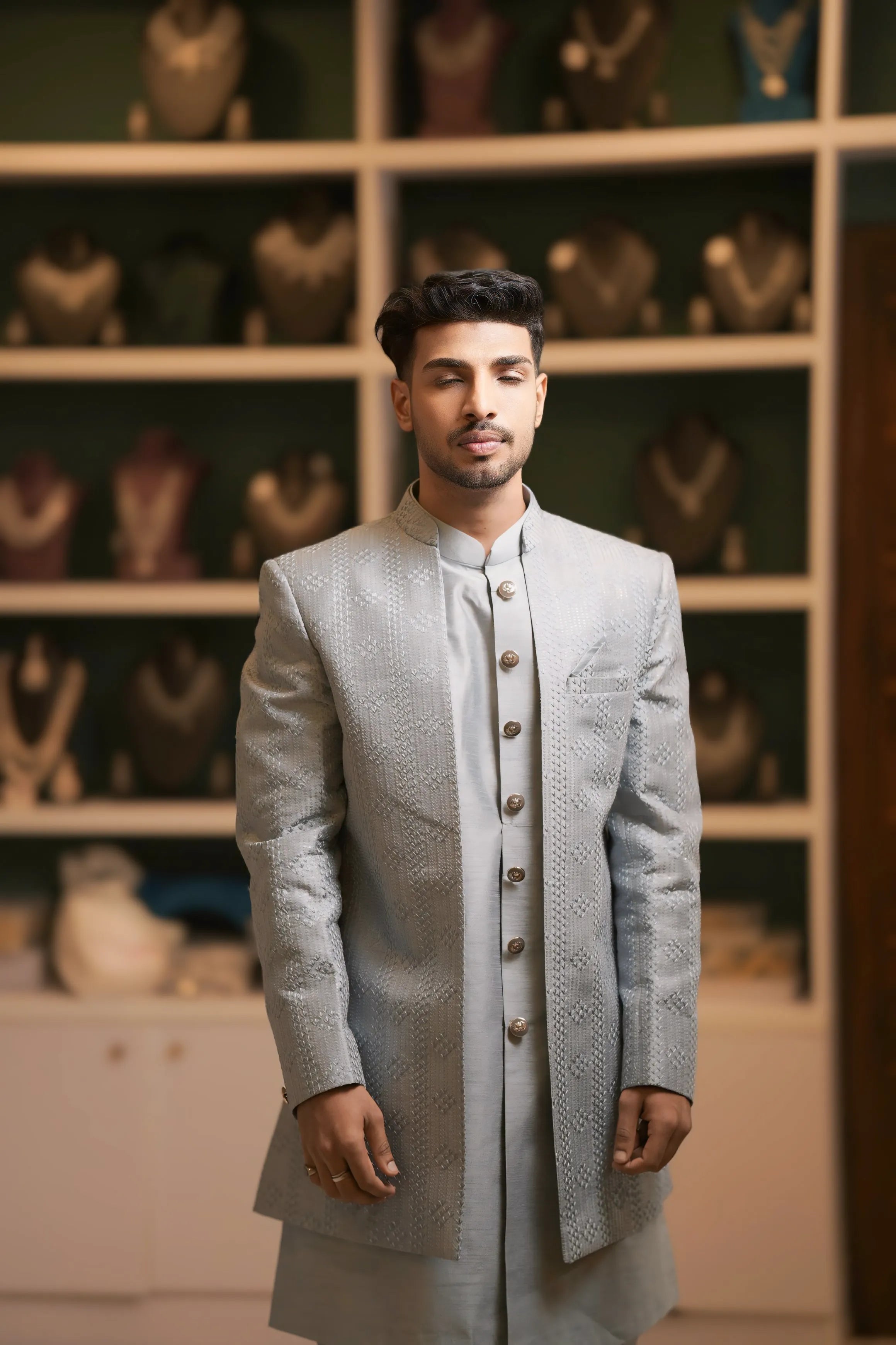Pastel Blue Textured Sherwani