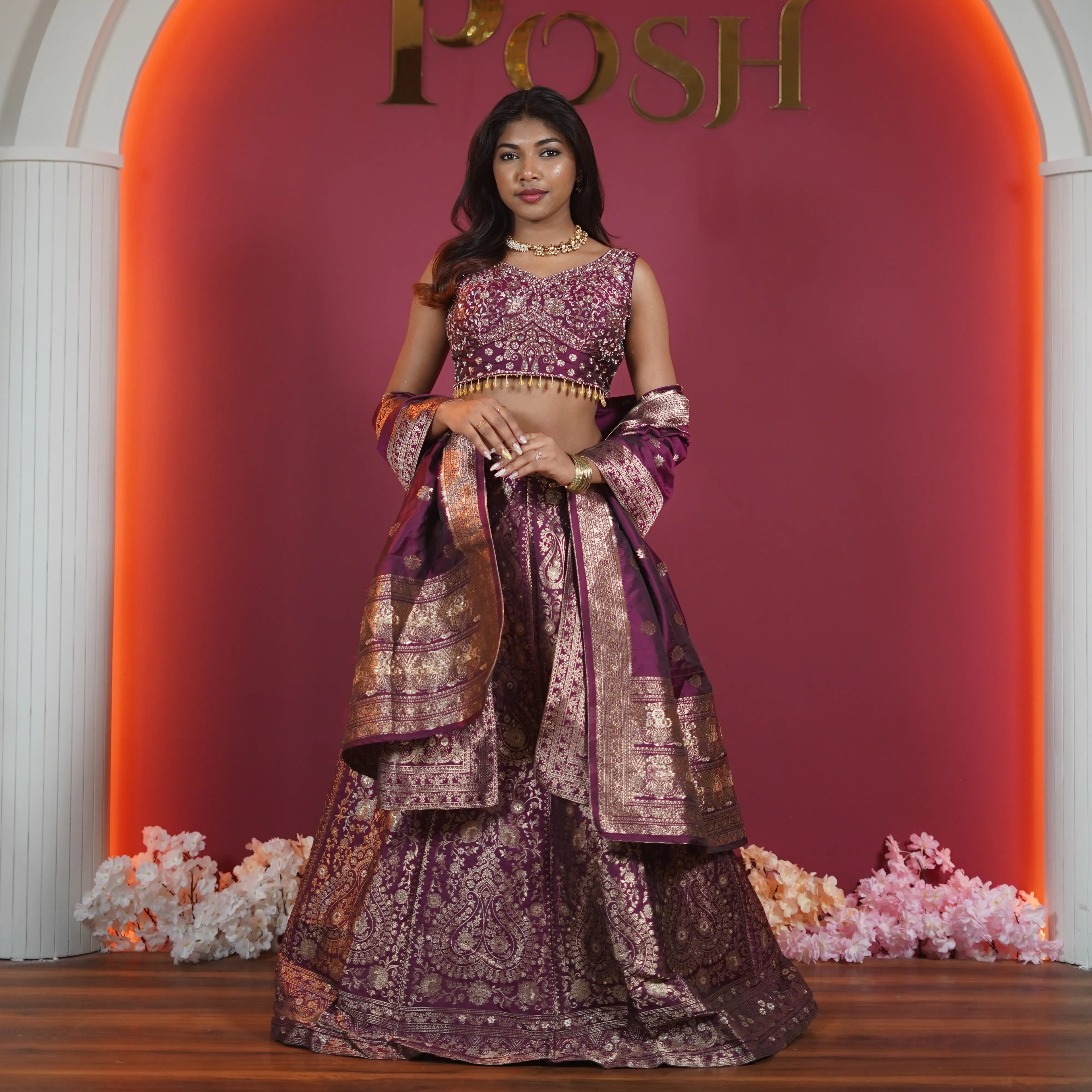 wine purple crop top lehenga with brocade zari work available at Posh Wedding Rental Kerala