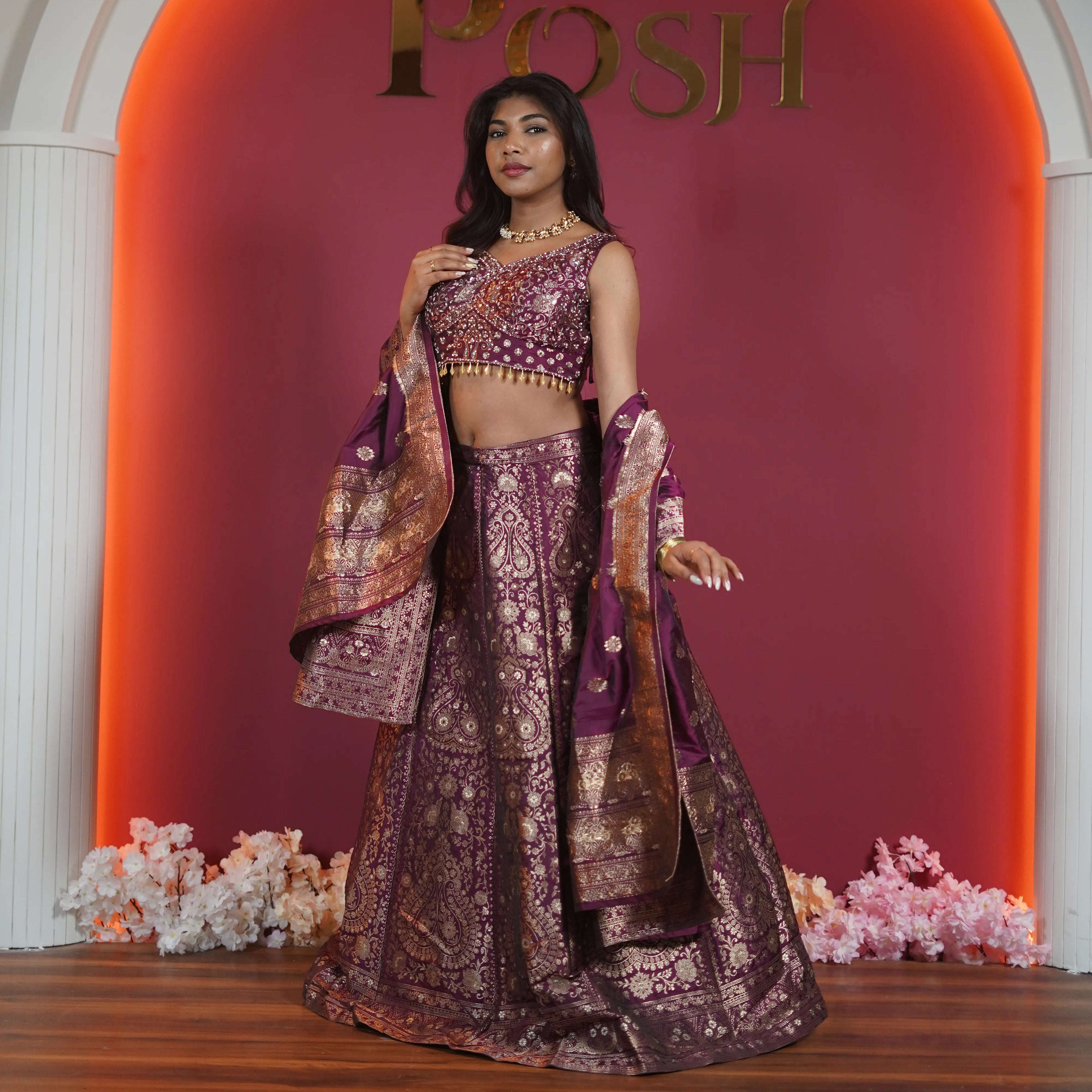 wine purple crop top lehenga with brocade zari work available at Posh Wedding Rental Kerala
