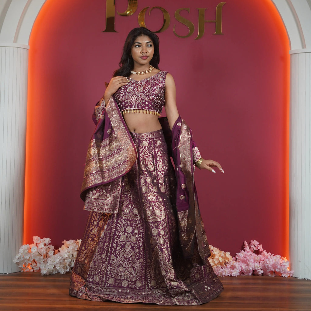 wine purple crop top lehenga with brocade zari work available at Posh Wedding Rental Kerala