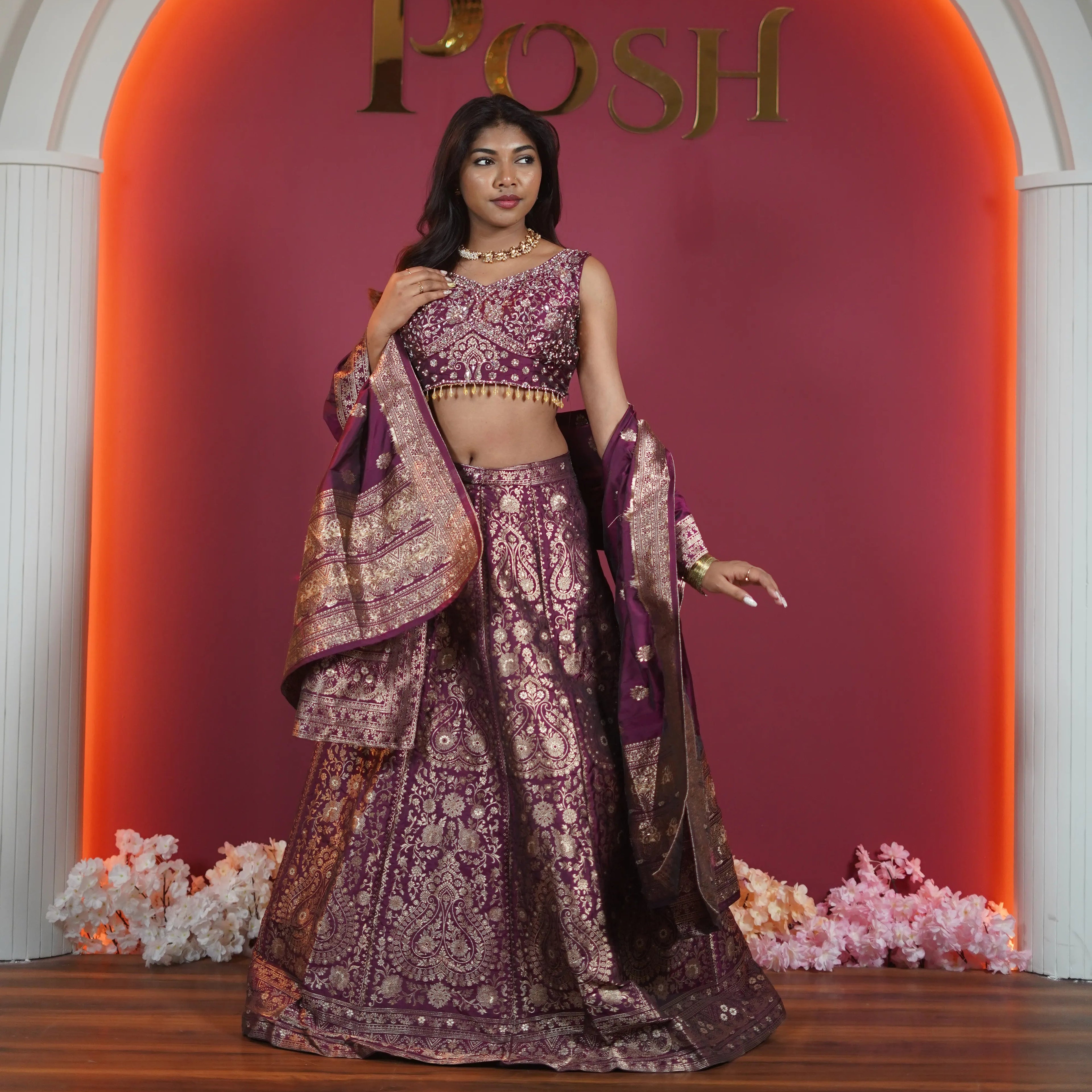 wine purple crop top lehenga with brocade zari work available at Posh Wedding Rental Kerala