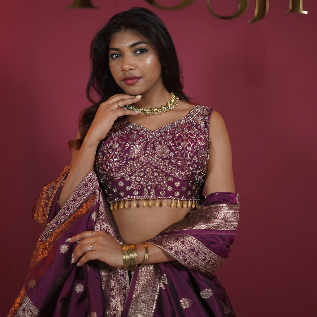 wine purple crop top lehenga with brocade zari work available at Posh Wedding Rental Kerala
