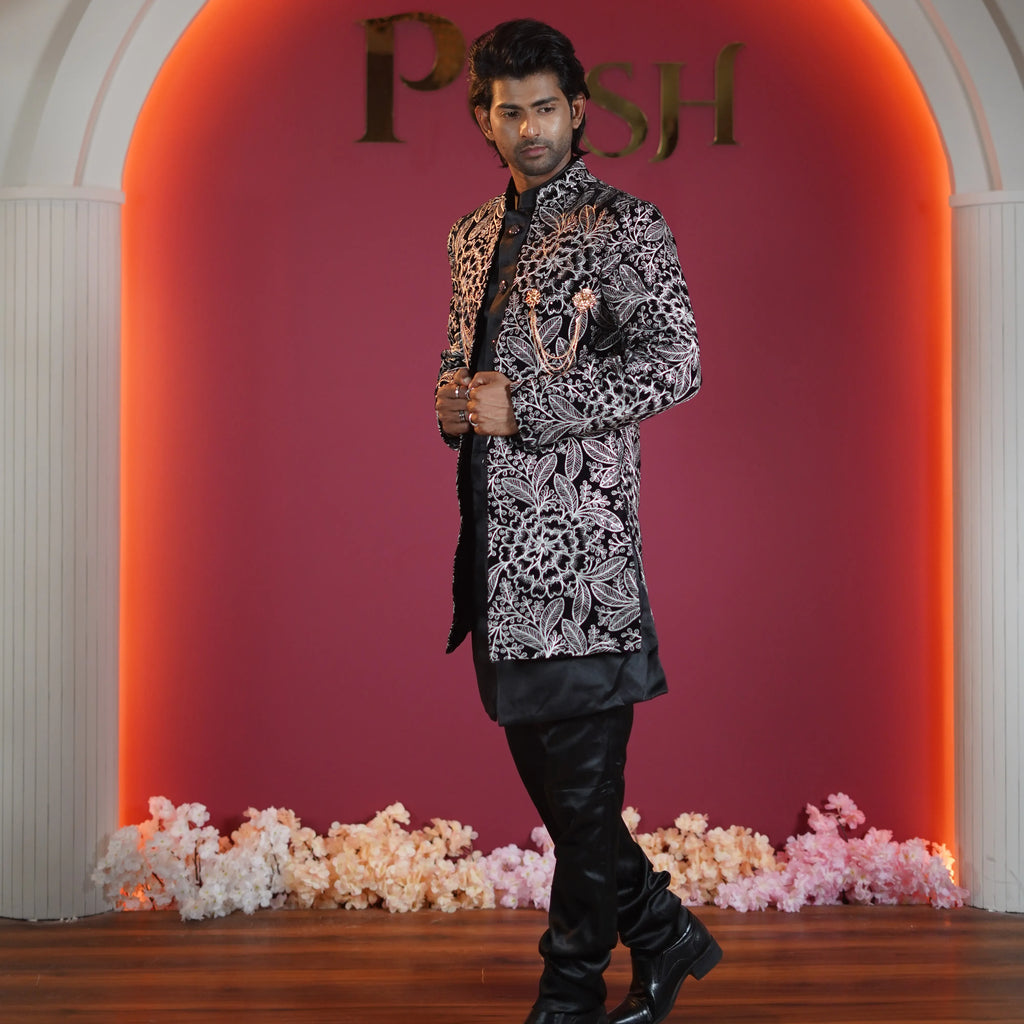 black floral embroidered designer sherwani for groom available at Posh Wedding Rental Kerala sherwani rental