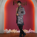 black floral embroidered designer sherwani for groom available at Posh Wedding Rental Kerala sherwani rental