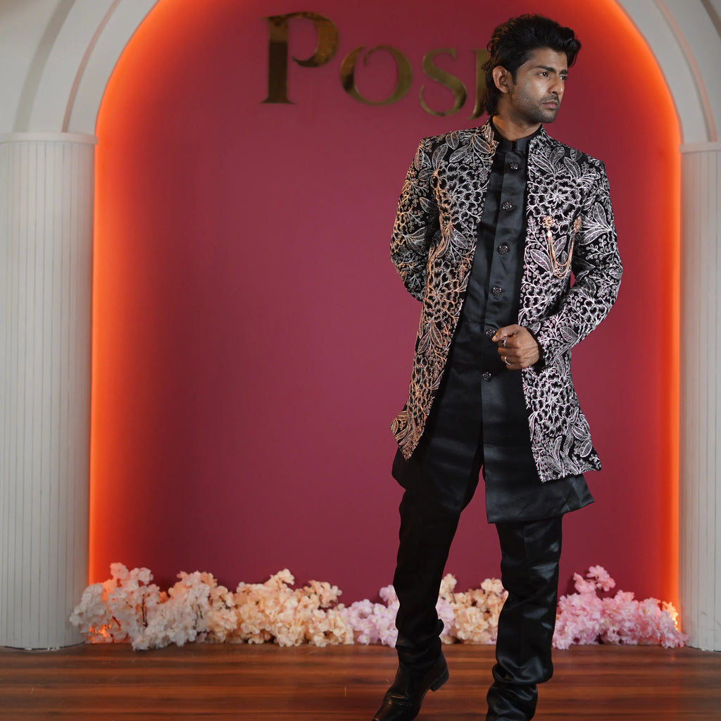 black floral embroidered designer sherwani for groom available at Posh Wedding Rental Kerala sherwani rental