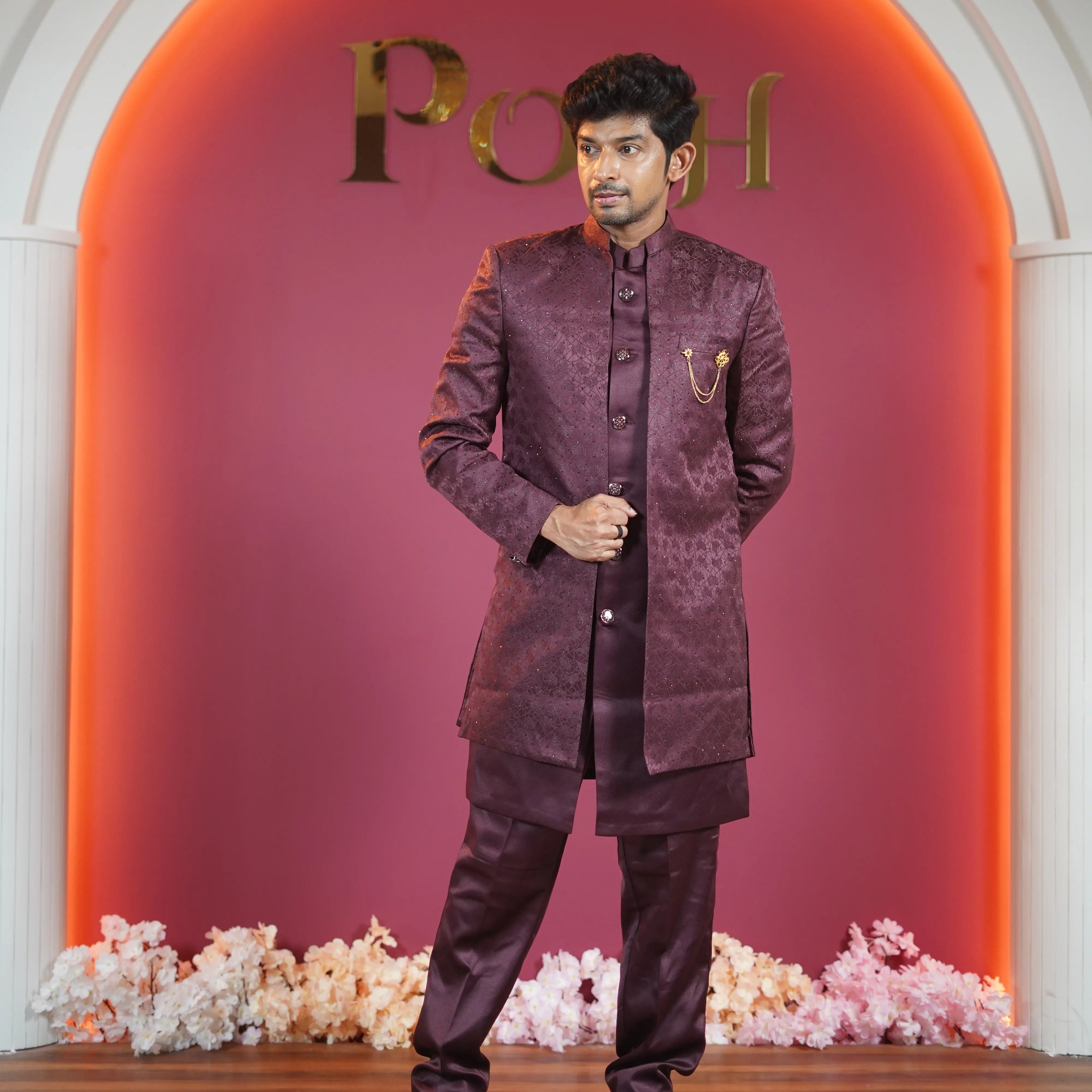 royal maroon embroidered designer sherwani for groom available at Posh Wedding Rental Kerala sherwani rental