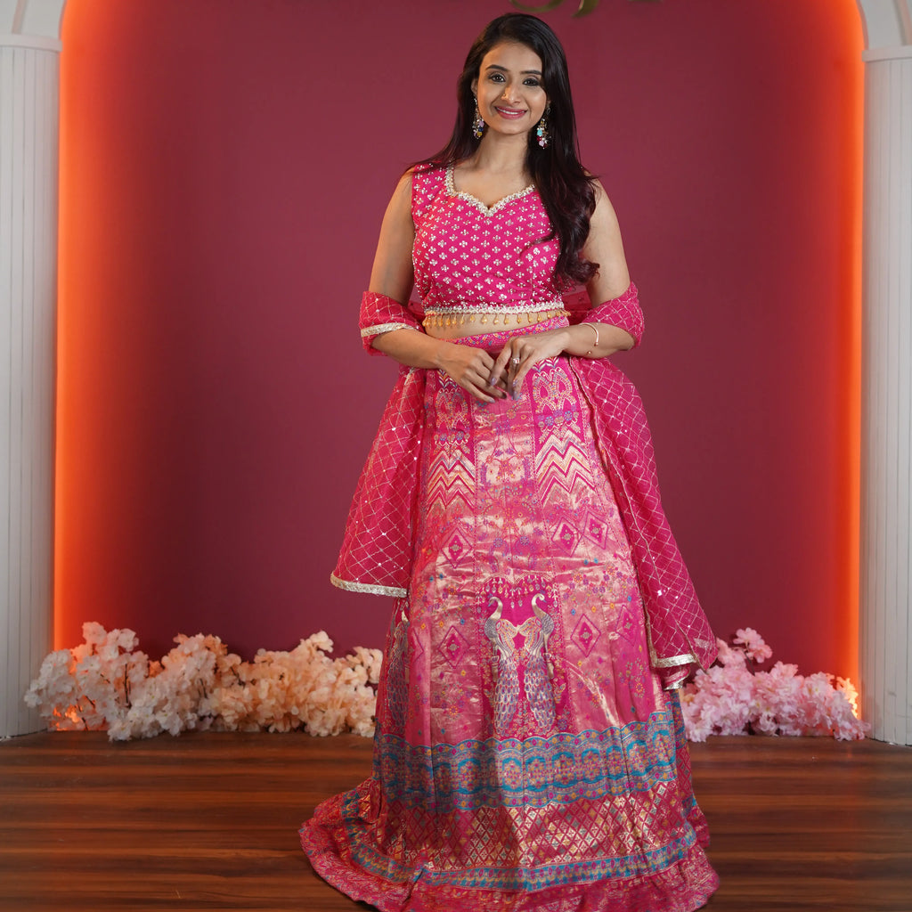 pink designer crop top lehenga with peacock motif available at Posh Wedding Rental Kerala