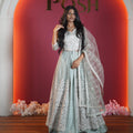 pastel mint green embroidered designer lehenga with dupatta available at Posh Wedding Rental Kerala lehenga rental