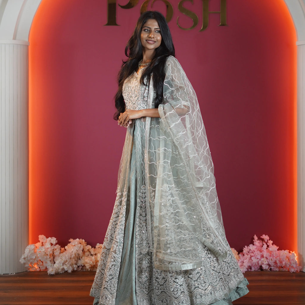 pastel mint green embroidered designer lehenga with dupatta available at Posh Wedding Rental Kerala lehenga rental