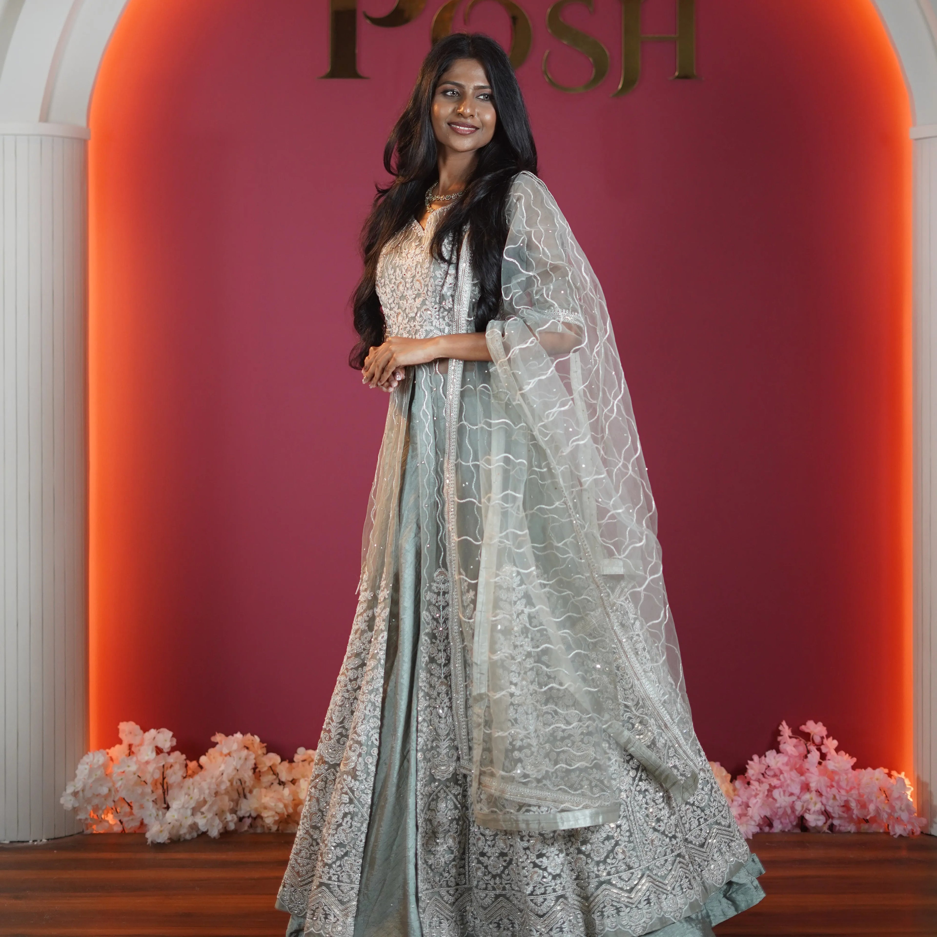 pastel mint green embroidered designer lehenga with dupatta available at Posh Wedding Rental Kerala lehenga rental