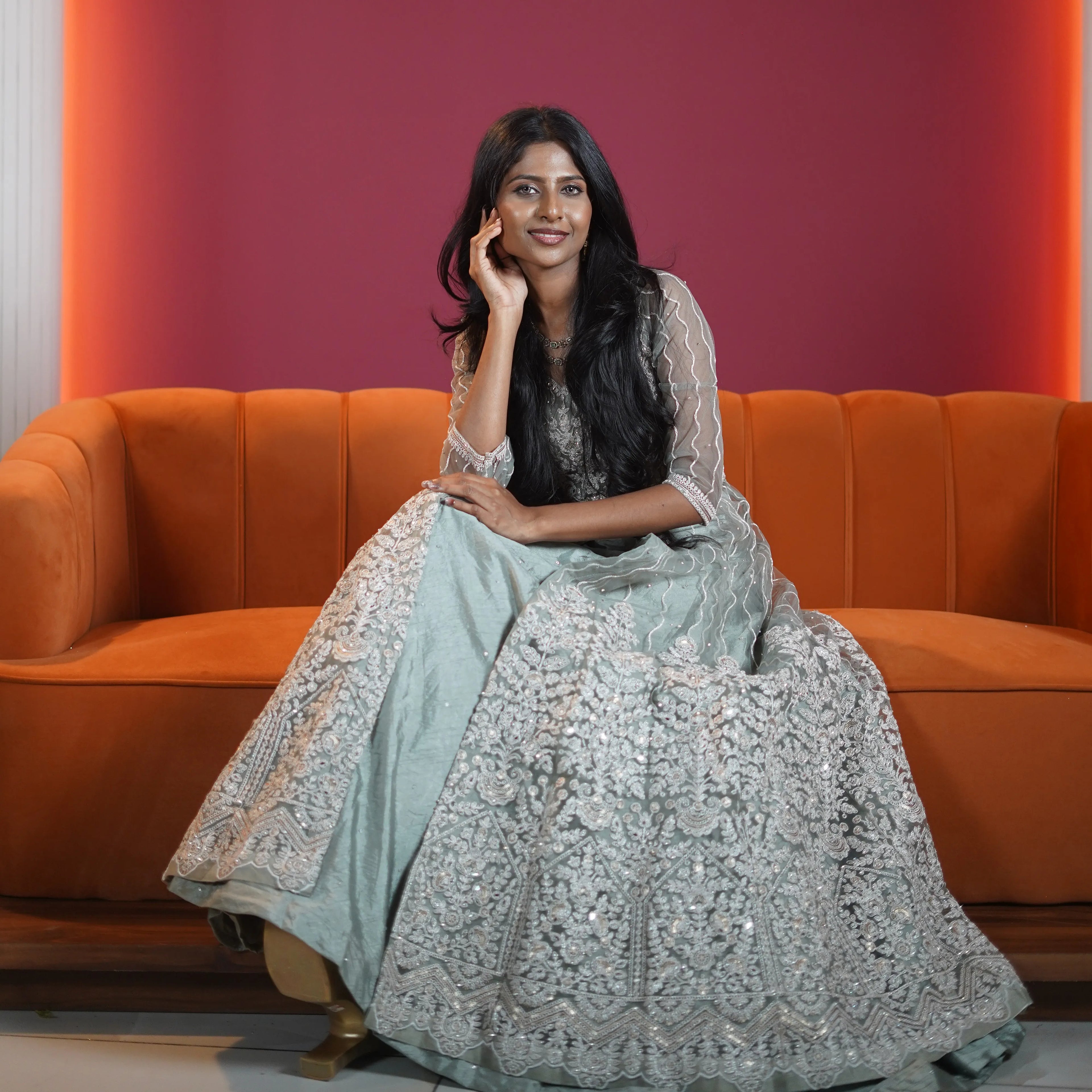 pastel mint green embroidered designer lehenga with dupatta available at Posh Wedding Rental Kerala lehenga rental